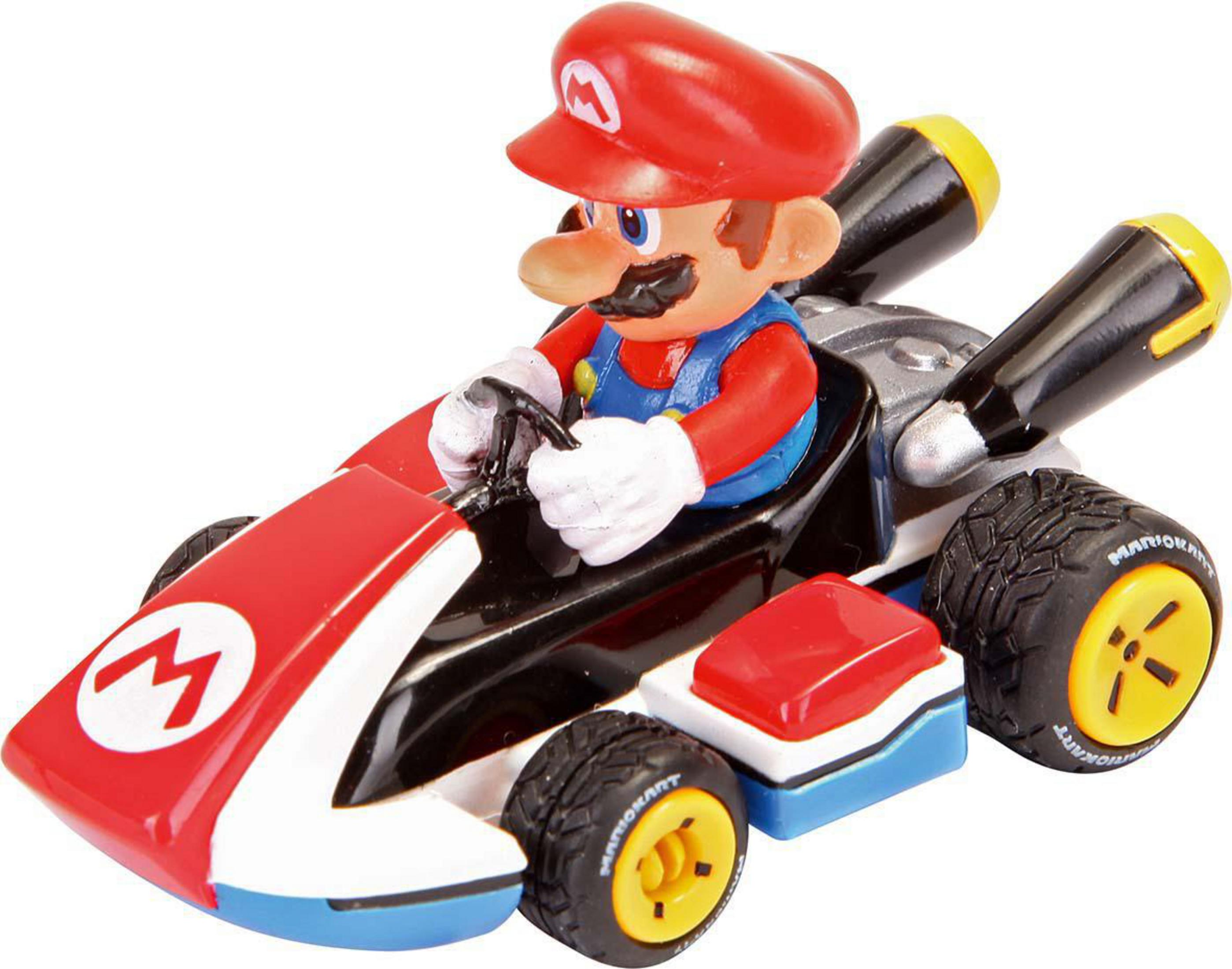 Mario in einem rot-weißen Go-Kart. Der Kart auf weißem Hintergrund.