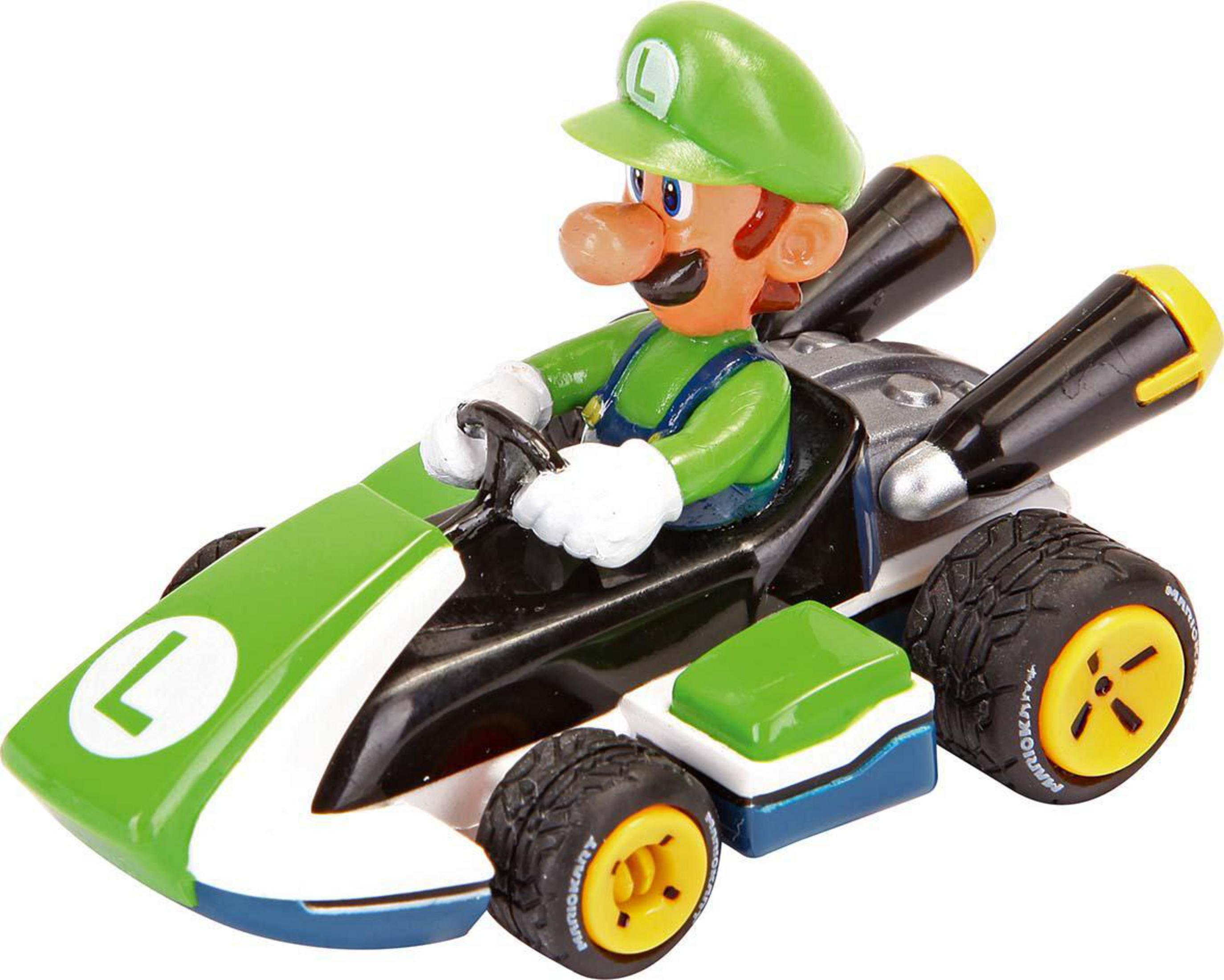 Luigi-Spielzeug in einem grünen Kart mit schwarz-weißen Details, vor weißem Hintergrund.