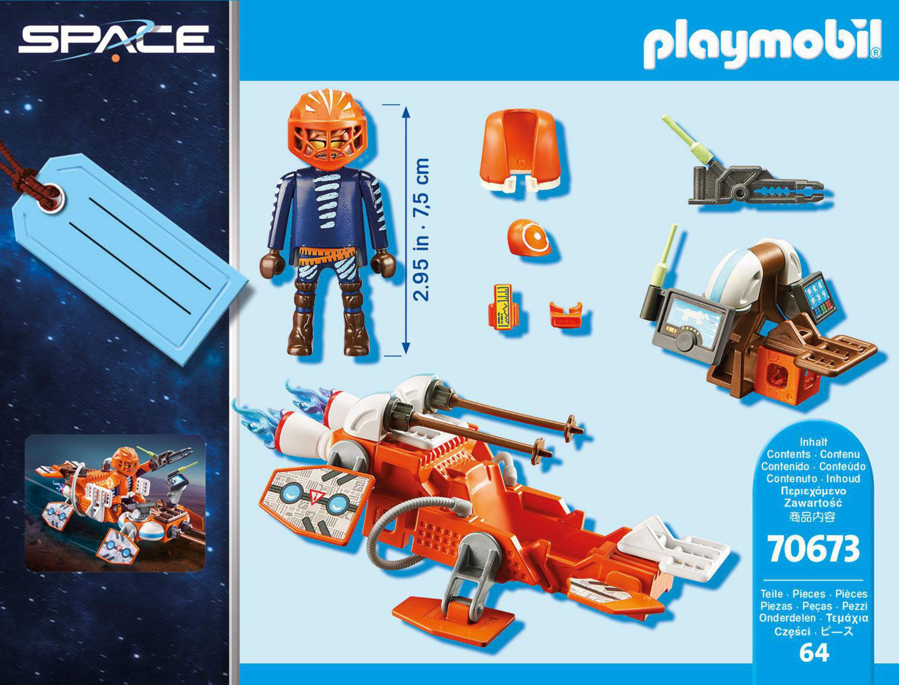 Playmobil-Weltraumset mit Astronaut, Raumschiffteilen und blauem Anhänger. Komponenten sind orange und blau.