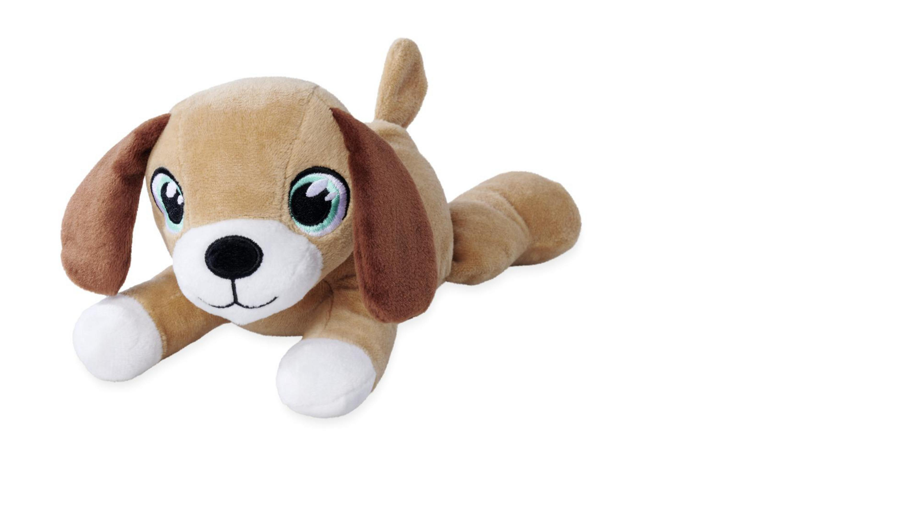 Ein Plüschhundespielzeug, das liegt, mit großen Augen und Schlappohren.