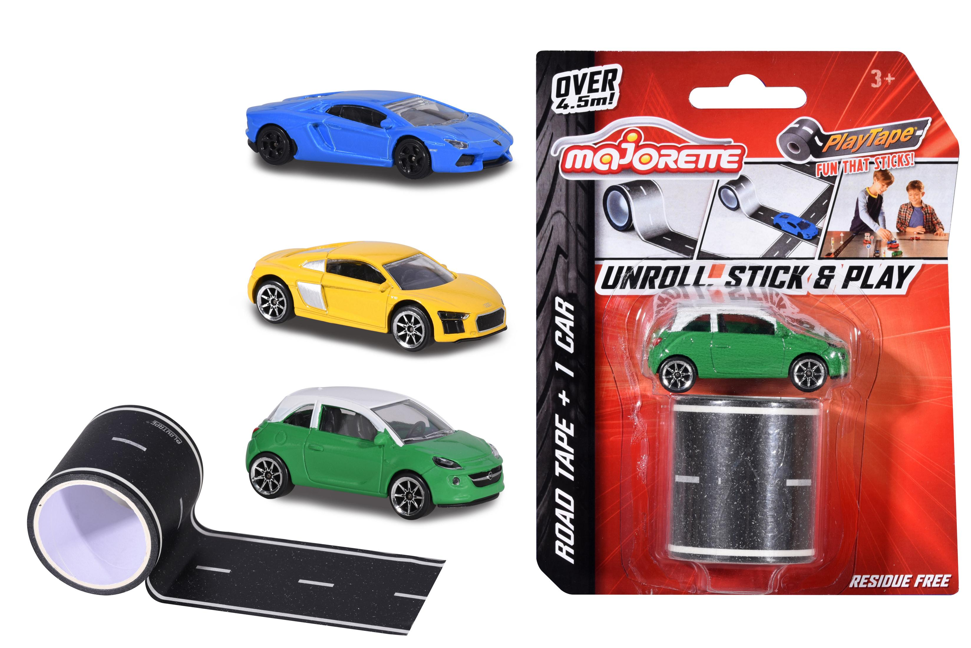 Zabawkowe samochody i taśma drogowa. Zawiera niebieskie, żółte i zielone samochody.