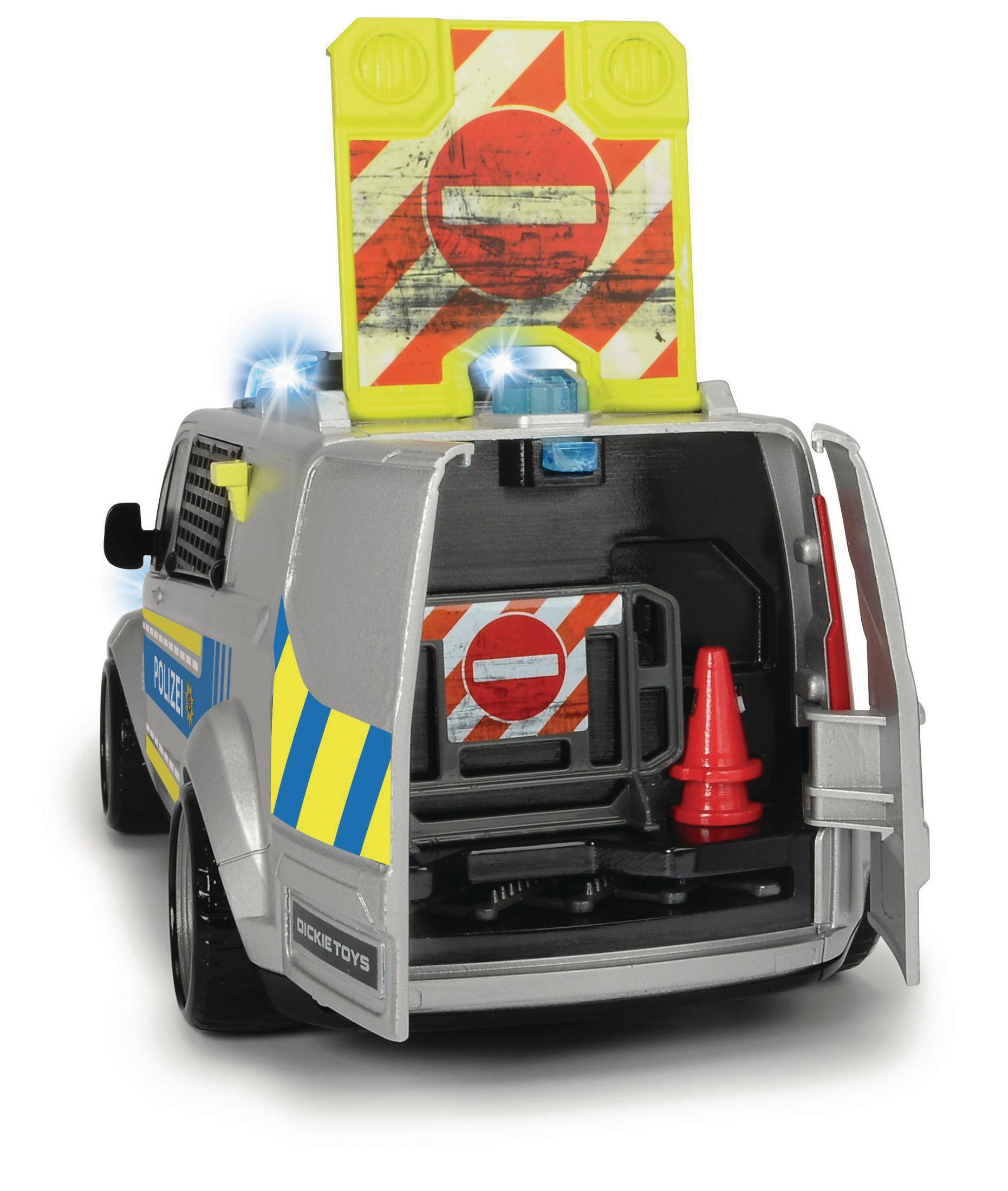 Silbernes Polizeiwagen-Spielzeug mit offener Rückseite, Warnschild oben und rotem Verkehrskegel innen.