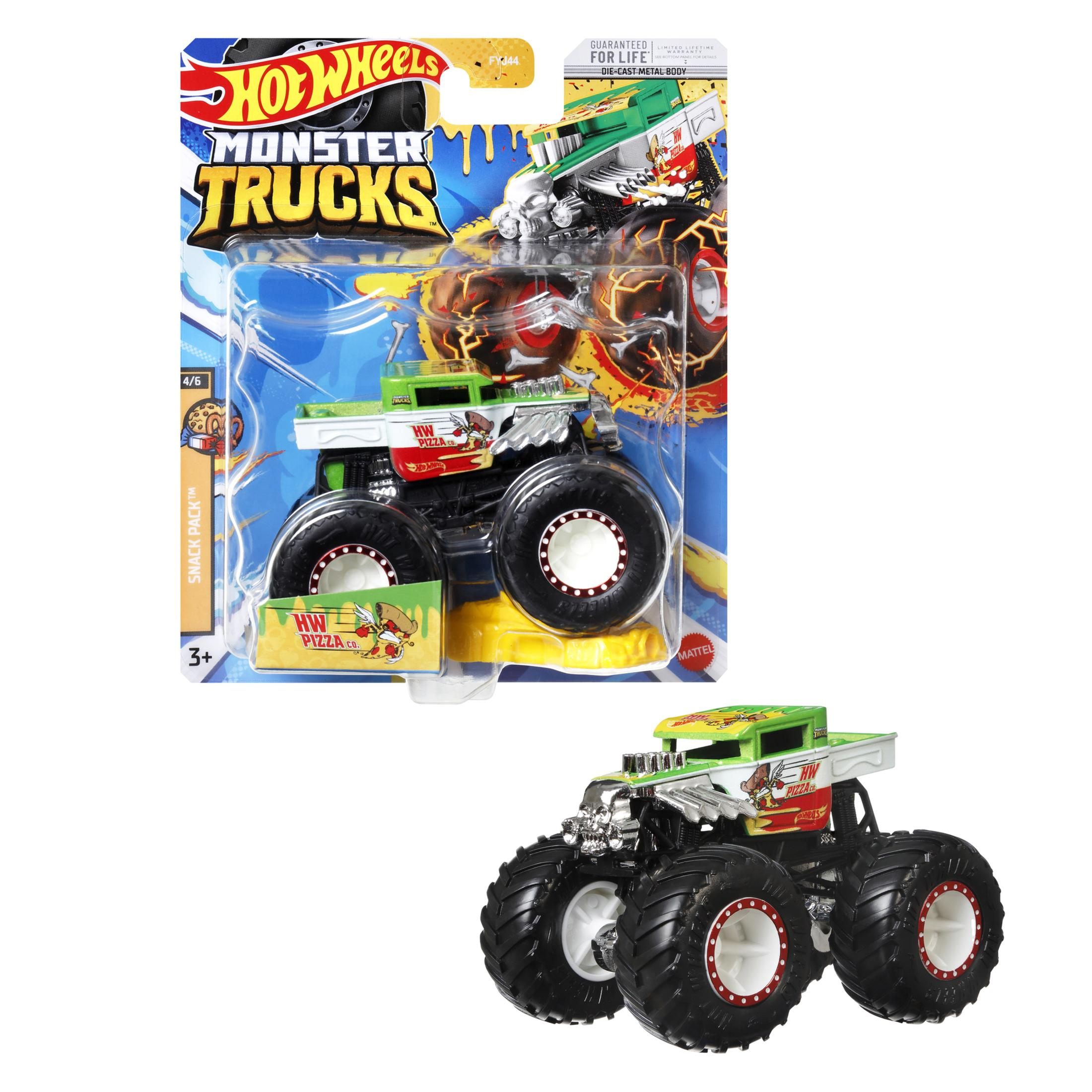 Opakowanie i zabawka Hot Wheels Monster Truck. Zielono-biała ciężarówka z płomieniami i czerwonymi kołami.