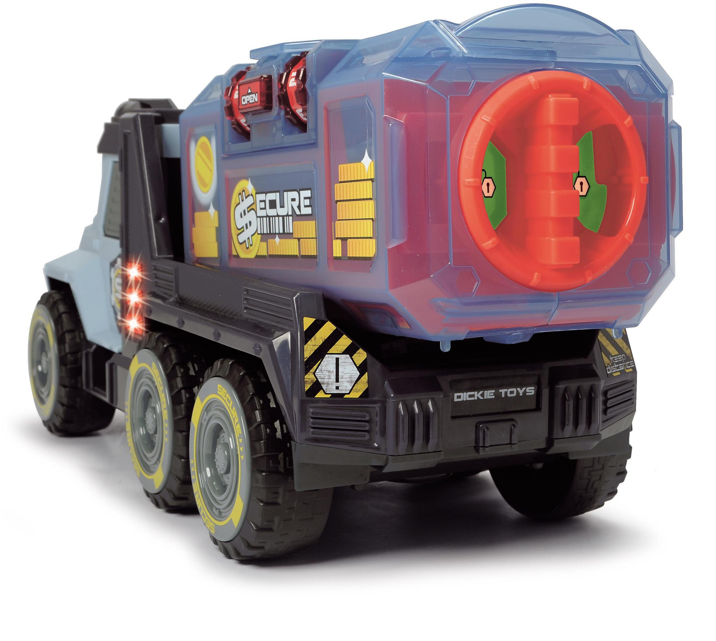 Ein Spielzeug-LKW mit blauem Führerhaus und rotem, transparentem Heck. Er hat sechs Räder.