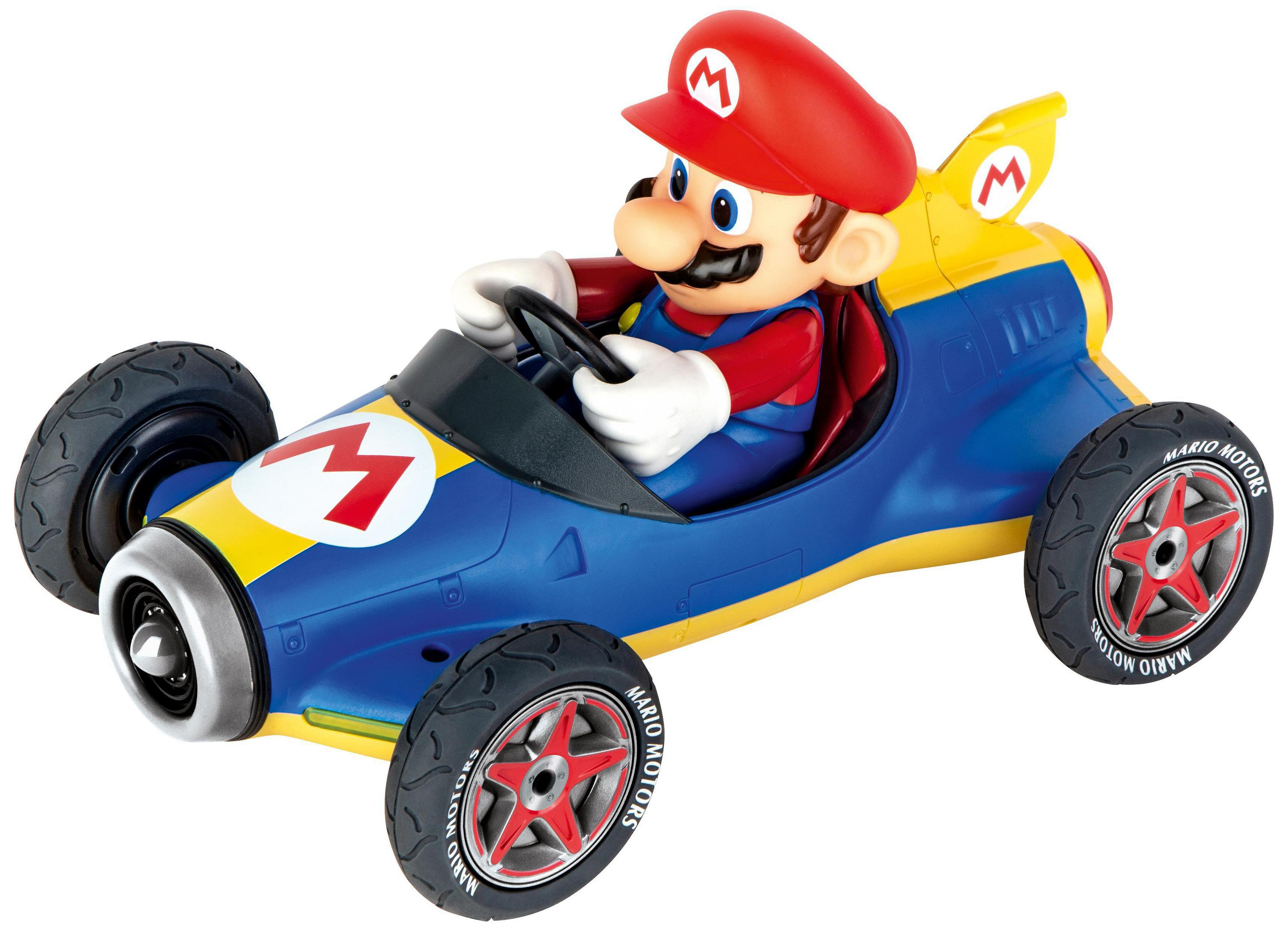 Ein Spielzeugauto mit Mario am Steuer, blaues und gelbes Design.