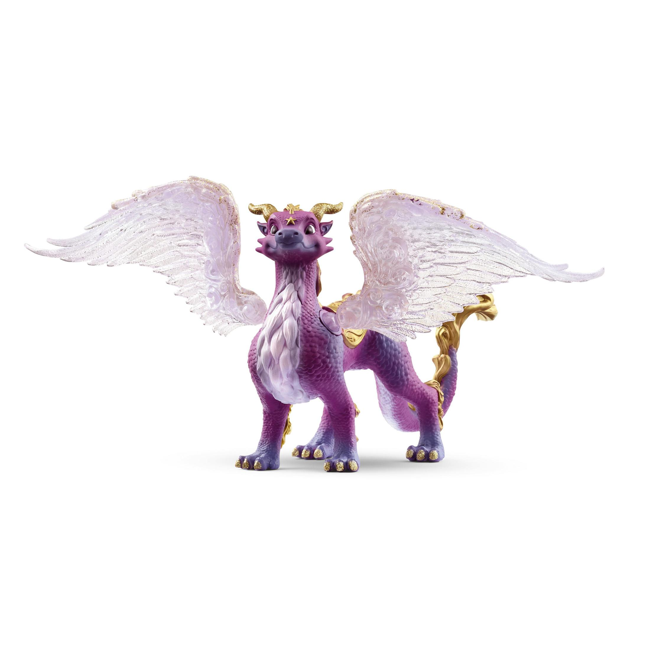 Giocattolo drago viola con ali, dettagli oro e sfondo bianco.