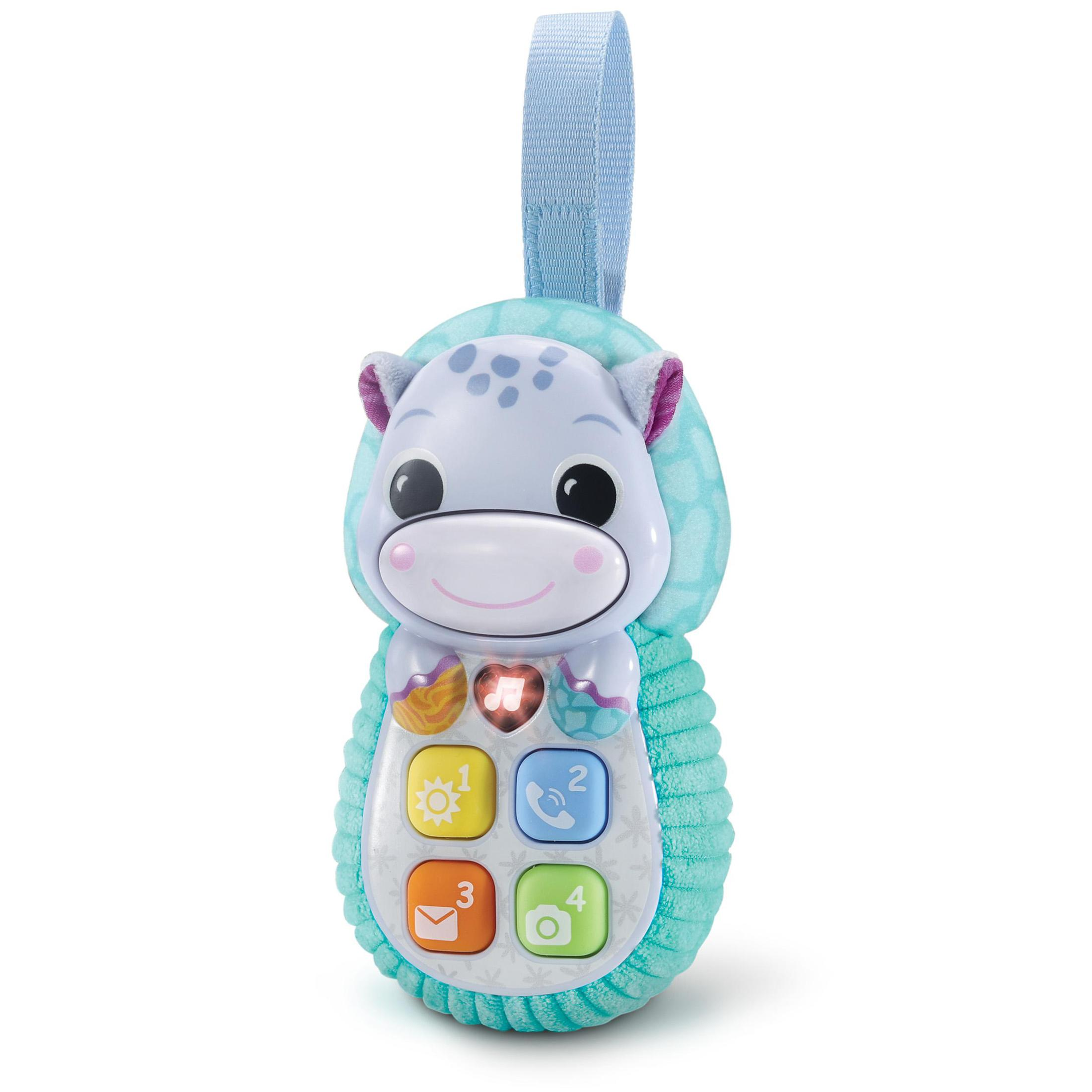 Ein Babyspielzeug-Telefon in Form eines Nilpferds, mit Knöpfen und einer Schlaufe zum Halten.