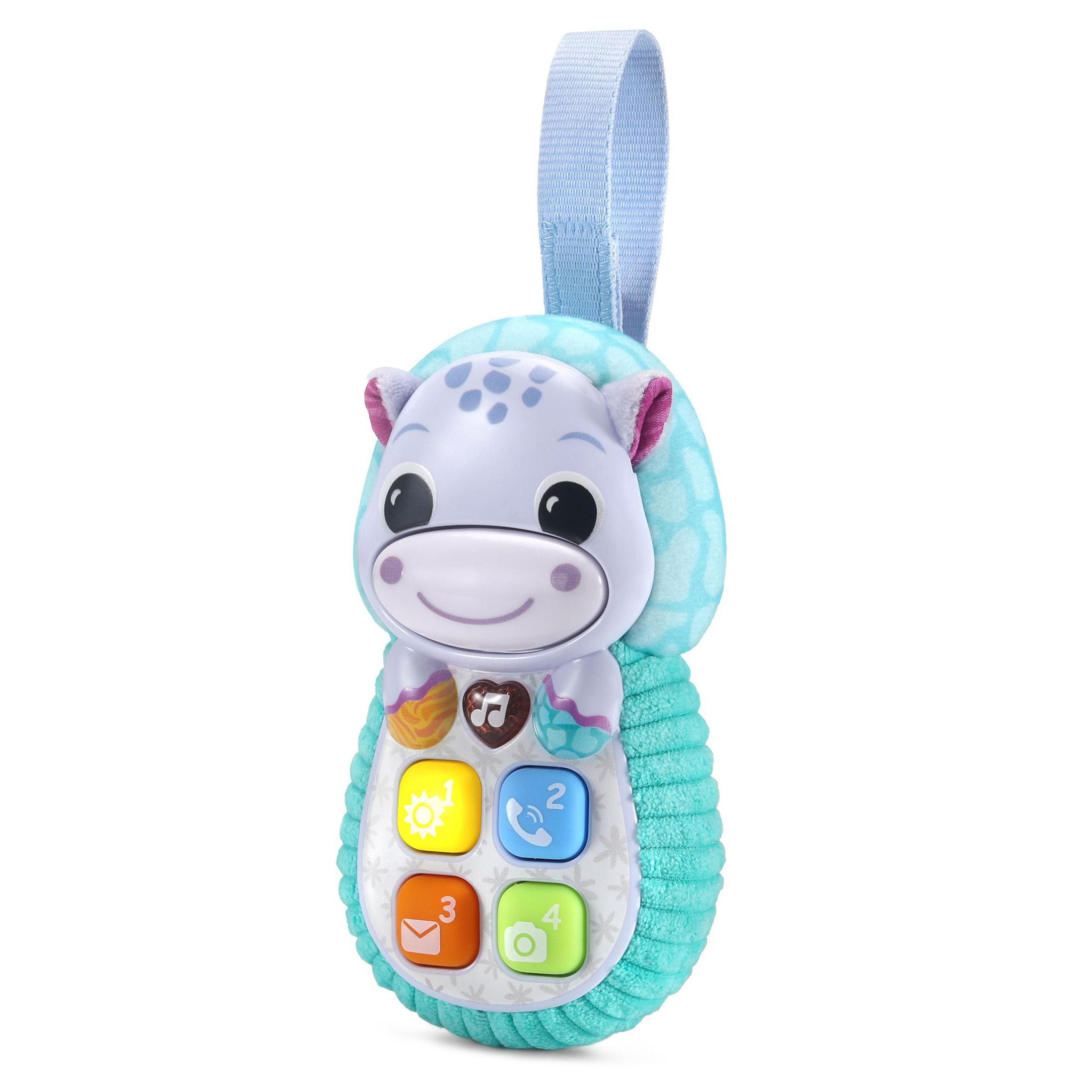 Baby-Spielzeugtelefon, Nilpferd-Form. Blau und Türkis mit bunten Knöpfen. Weißer Hintergrund.