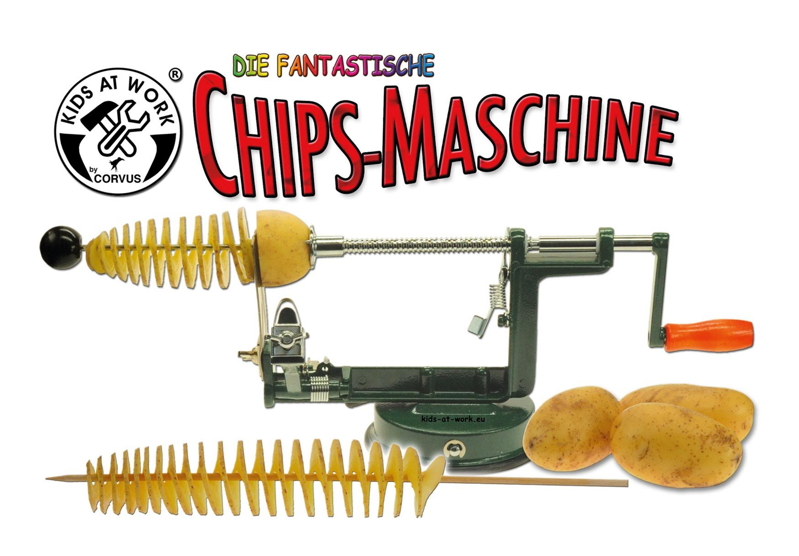 Kartoffelchips-Maschine mit Kartoffel und Chips.