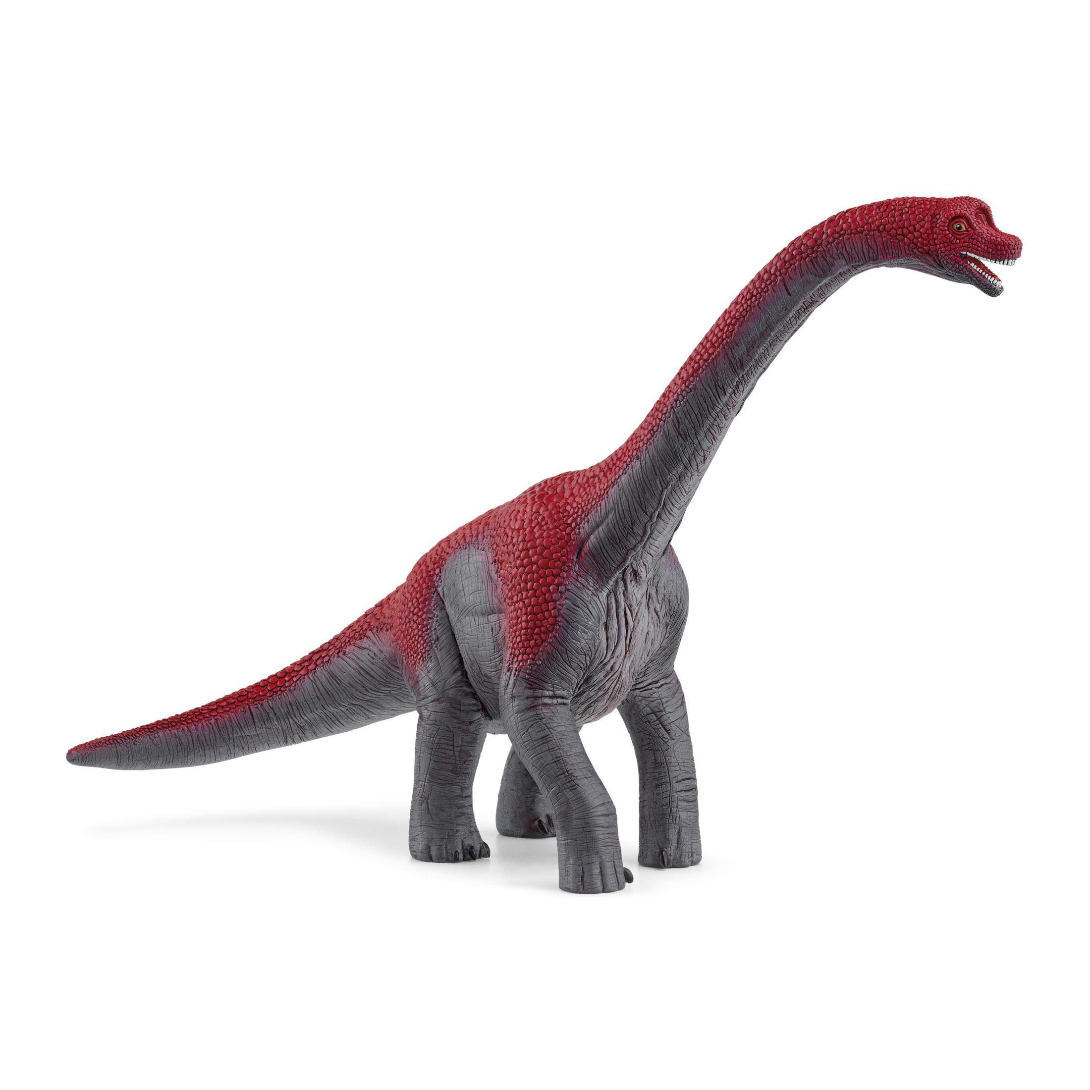 Giocattolo Brachiosaurus rosso e grigio. Il giocattolo è in piedi con la testa e il collo sollevati.