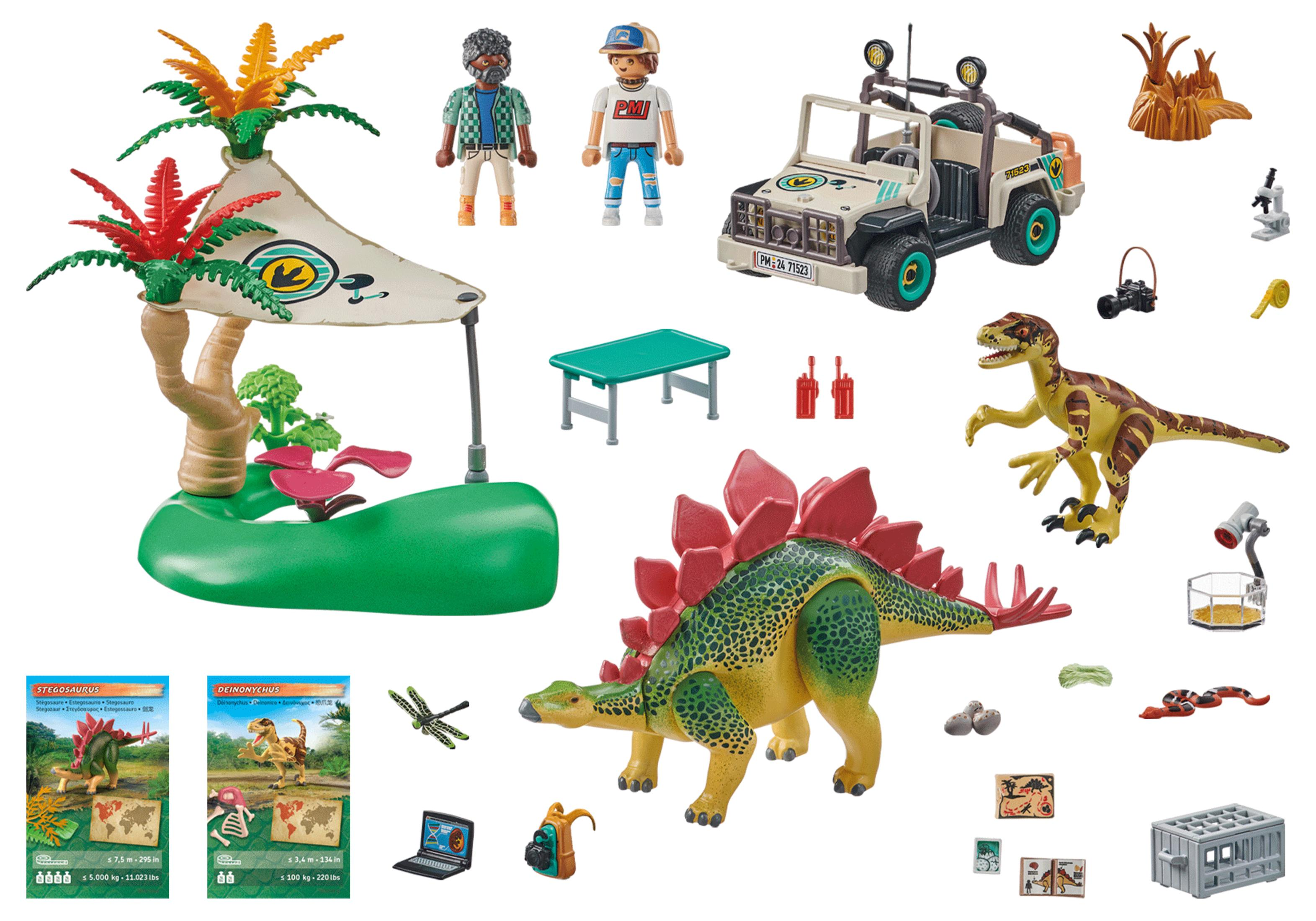 Set di dinosauri Playmobil con personaggi, dinosauri e accessori su sfondo bianco.