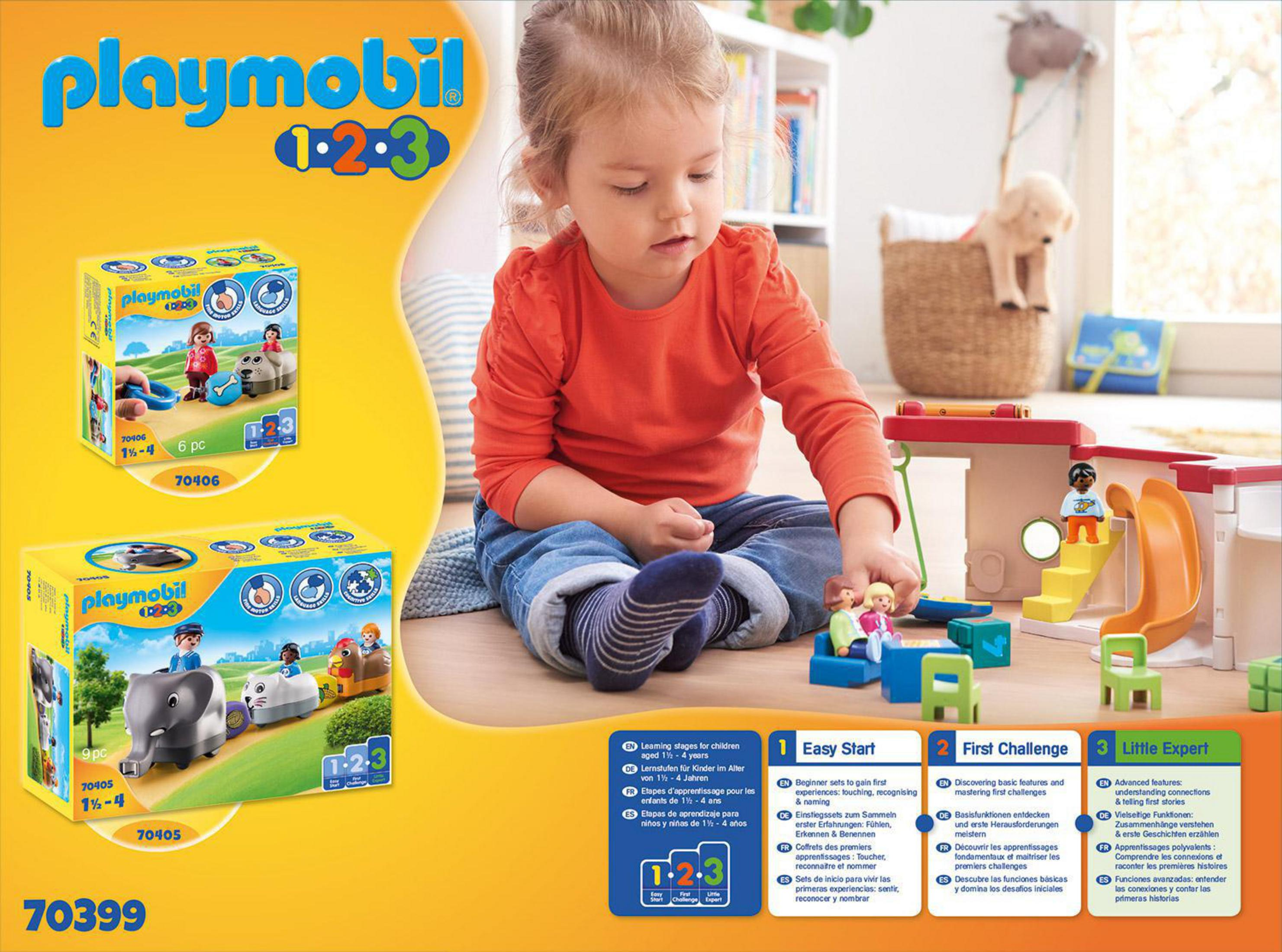 Mała dziewczynka bawiąca się zestawem zabawek Playmobil 1.2.3. Pudełka ze zdjęciami.