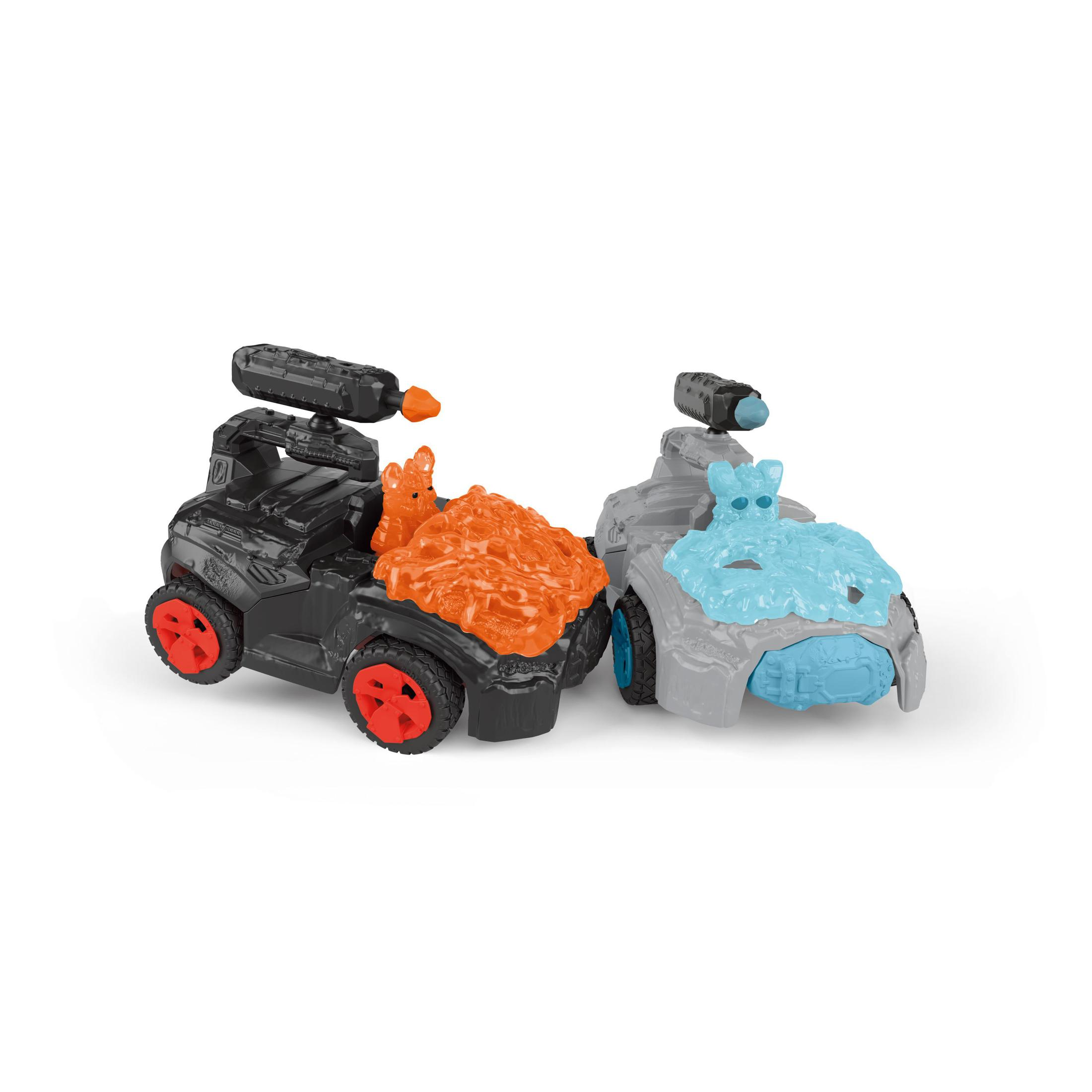 Zwei Spielzeugautos mit runden Rädern; eines schwarz mit roten Rädern, das andere grau mit blau.