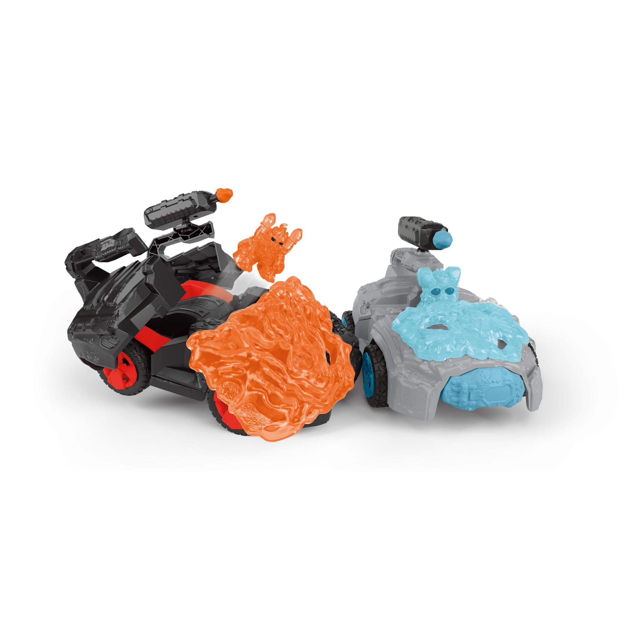 Zwei Spielzeugfahrzeuge, schwarz und grau, mit orangefarbenen und blauen Energieausbrüchen.