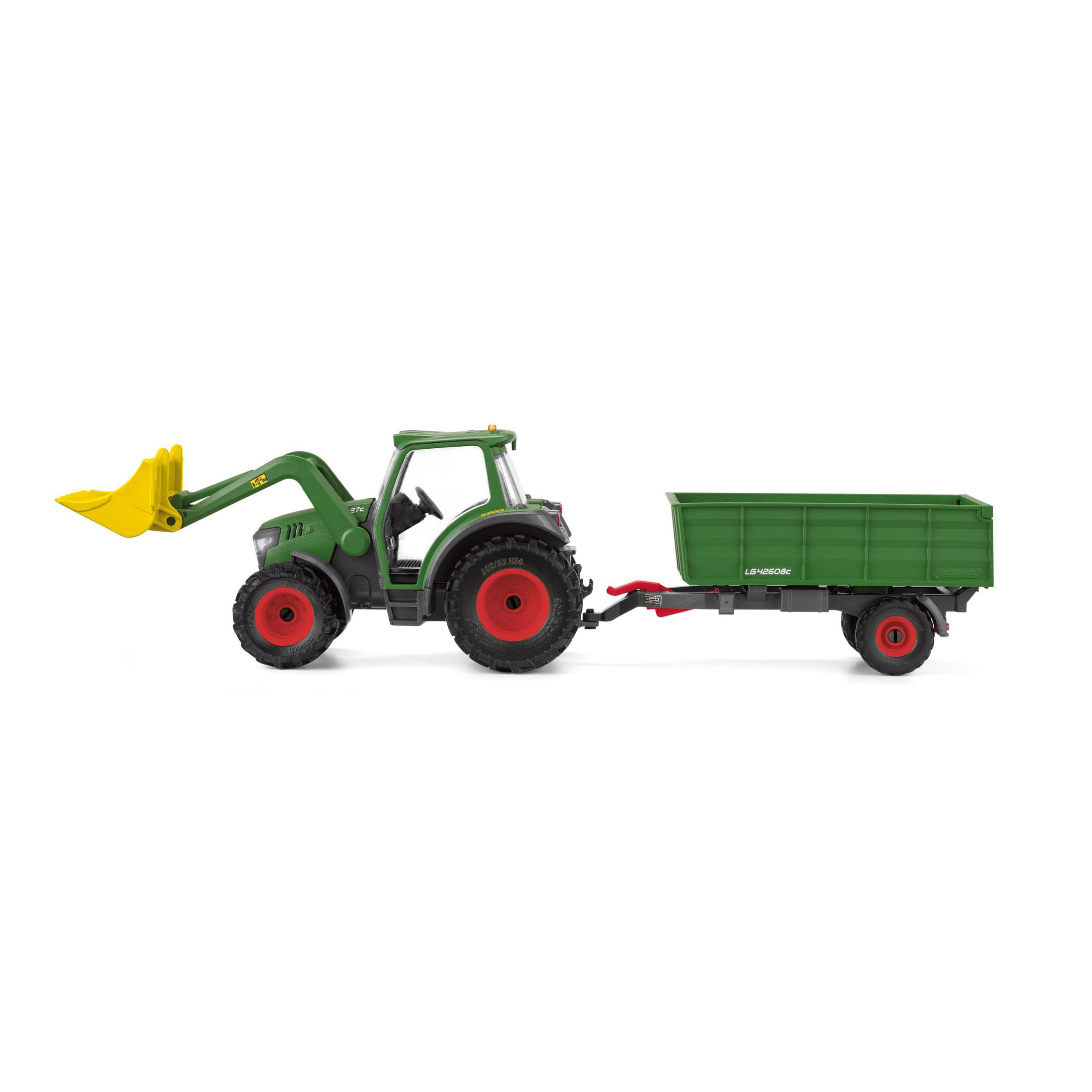 Spielzeugtraktor mit Frontlader und grünem Anhänger auf weißem Hintergrund, Seitenansicht.