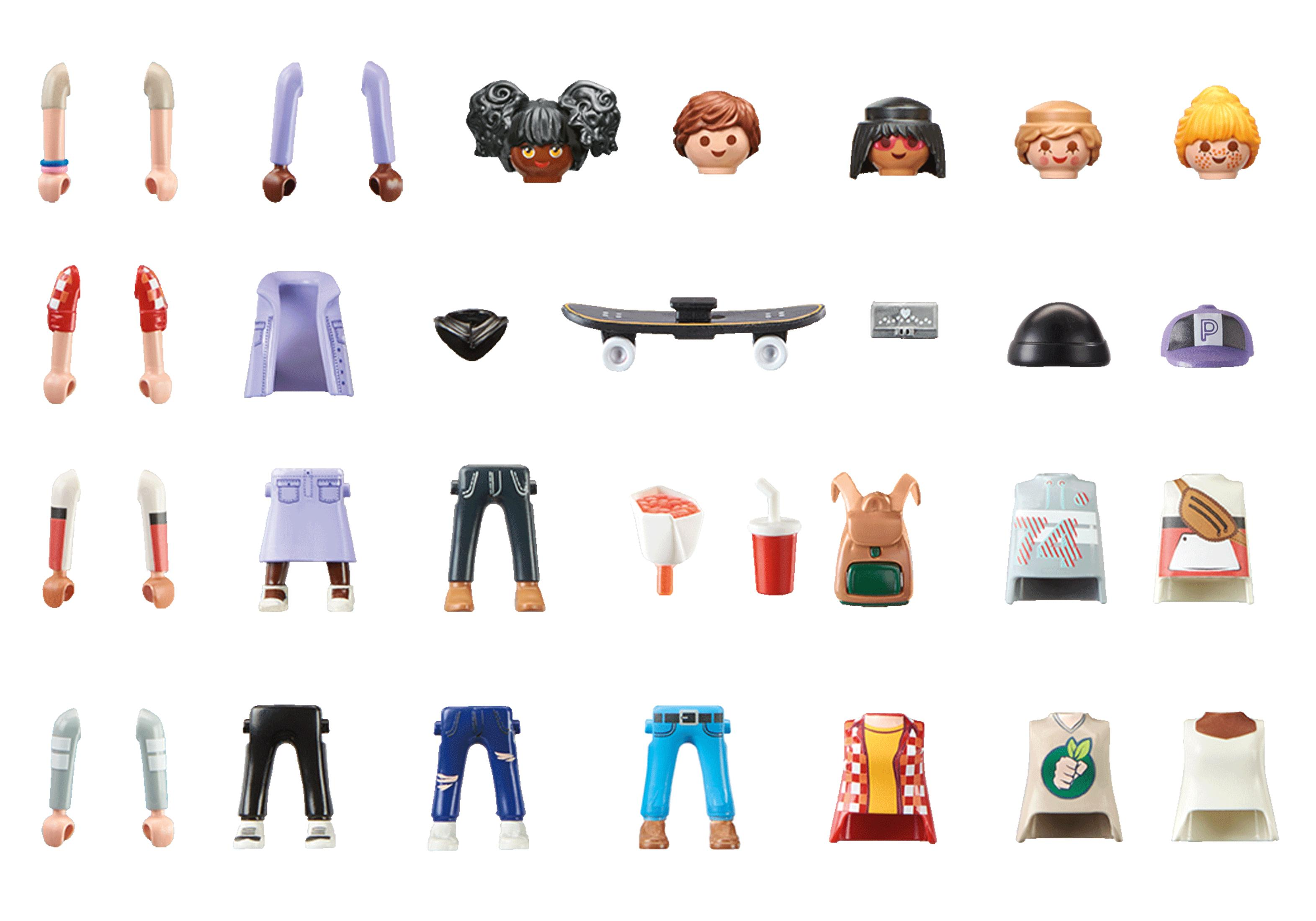 Assortment of toy clothing items and accessories. Includes heads, pants, tops, and a skateboard.