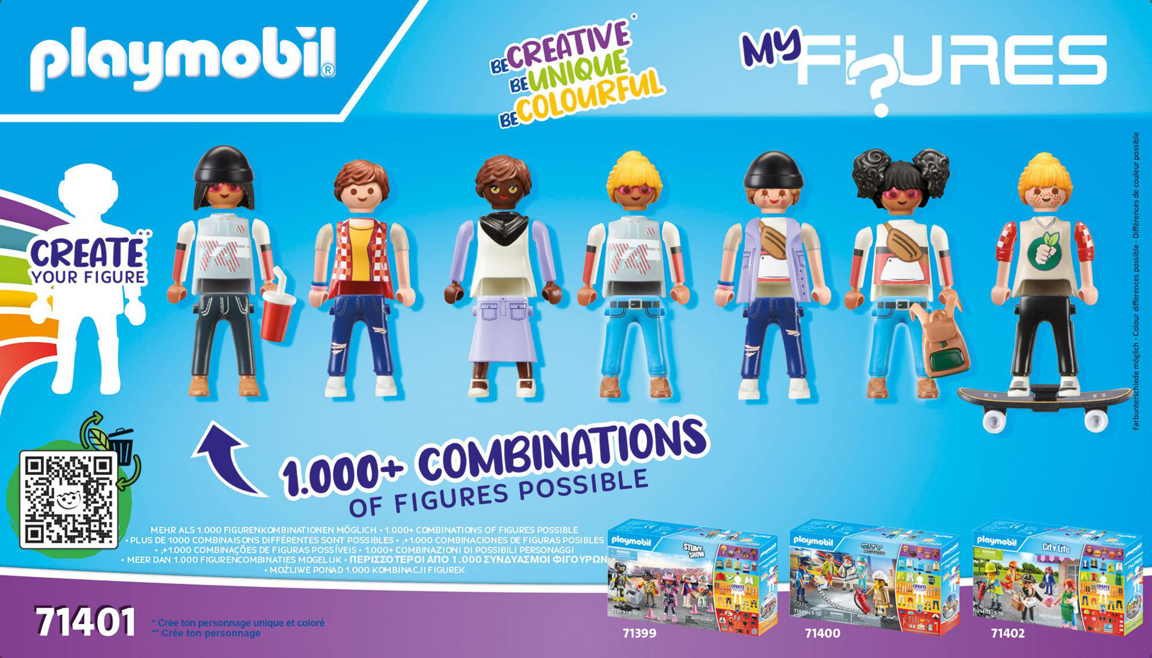 Playmobil figures of various styles, colorful and diverse. The set advertises '1,000+ combinations'.