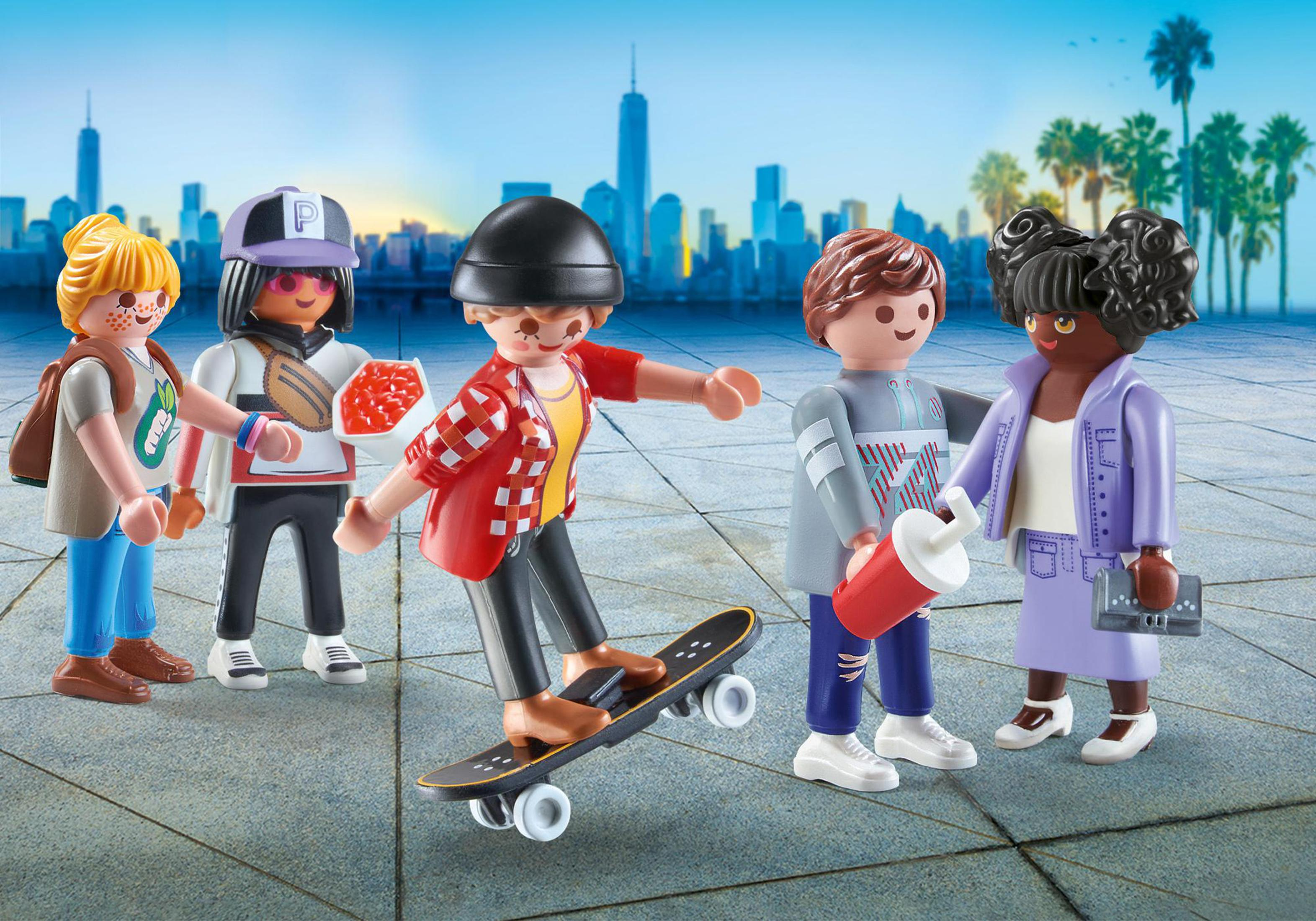 Playmobil figures of children. One skates. City background.