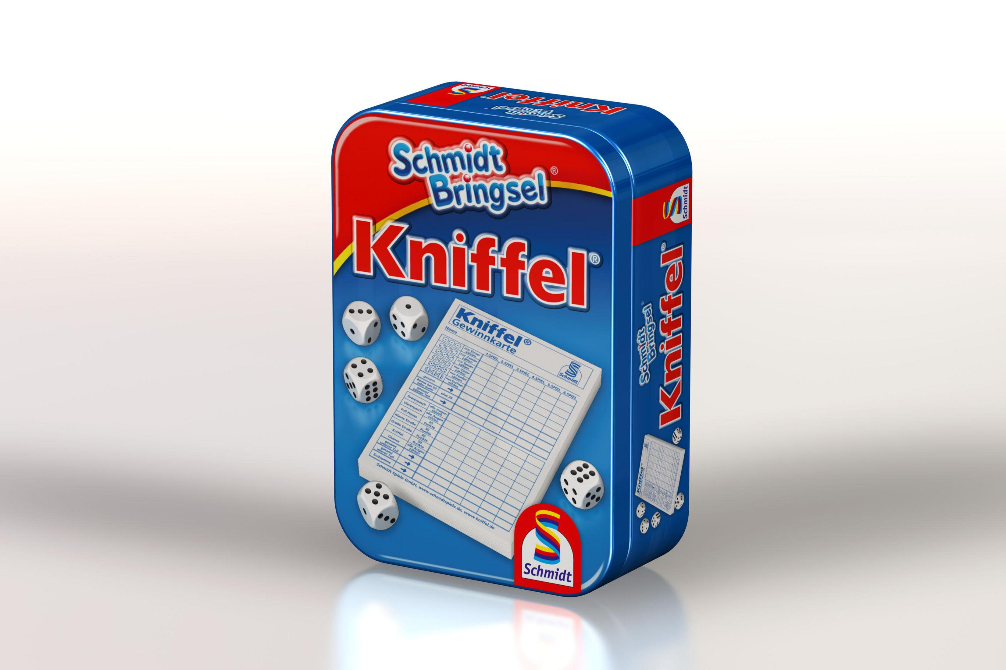 Eine blaue und rote Kniffel-Spielbox mit Würfeln und einer Spielkarte. Die Marke ist 'Schmidt'.
