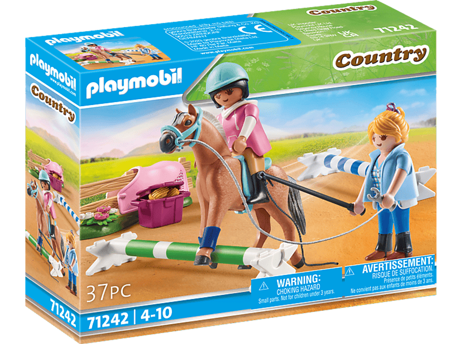 Playmobil Country Set mit Mädchen auf Pferd über Sprüngen, ein anderes Mädchen hält Zügel.