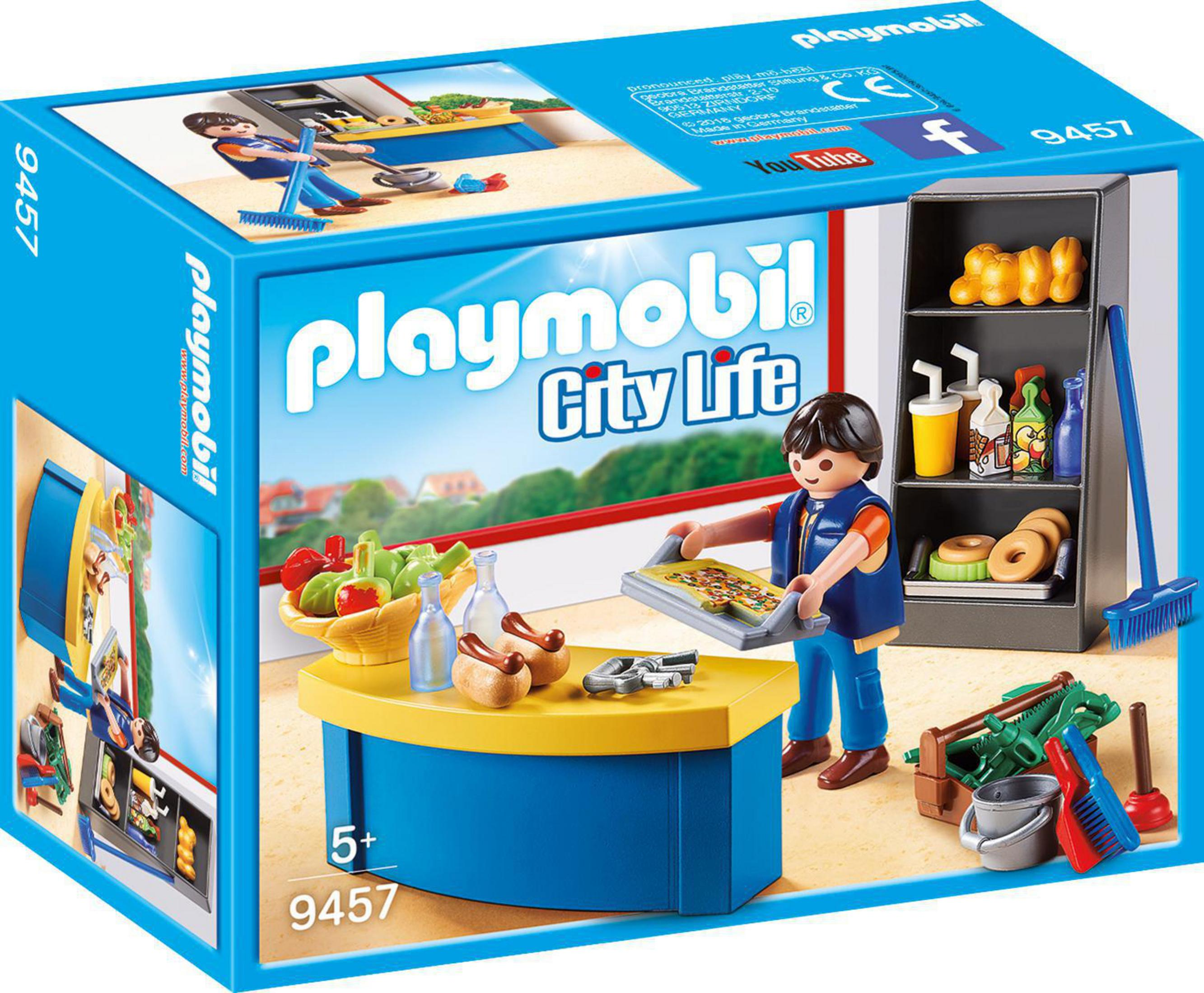 Zestaw Playmobil City Life. Zawiera figurkę w otoczeniu restauracji. Pudełko ma niebiesko-białe tło.