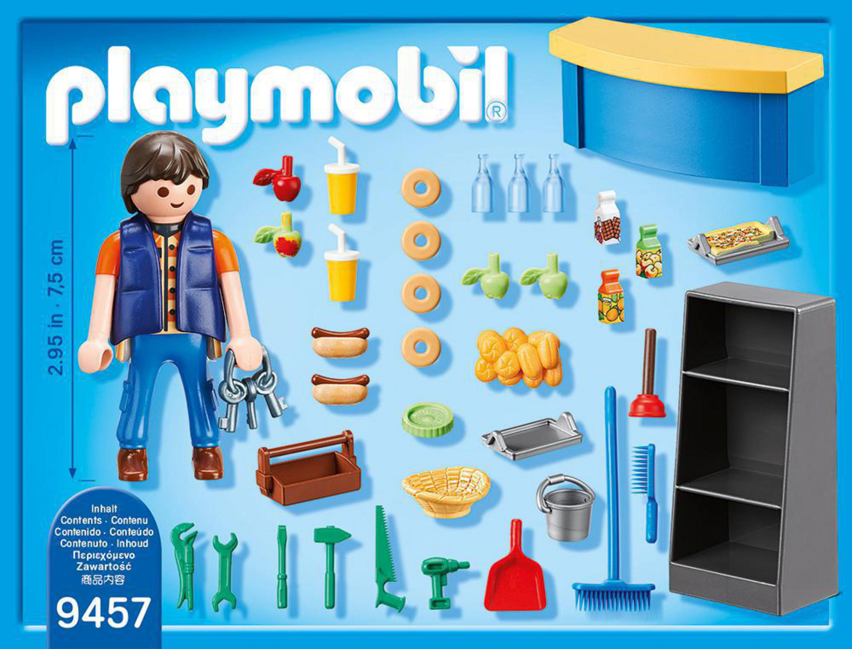 Zestaw Playmobil z figurką, artykułami spożywczymi, narzędziami i ladą.