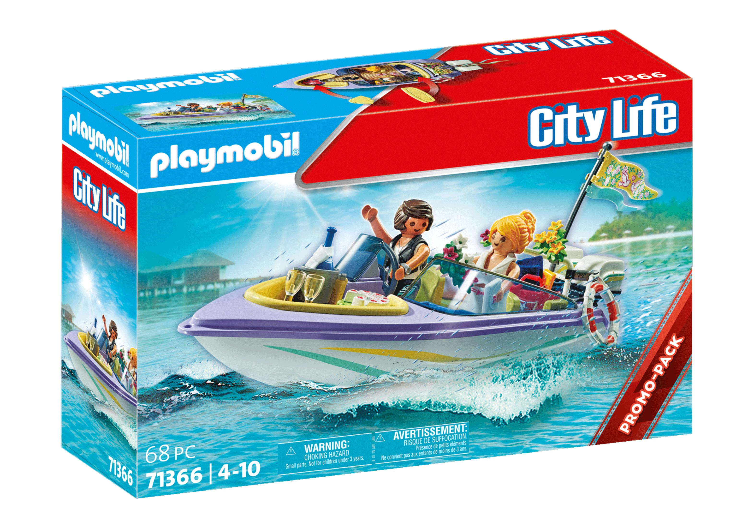 Ein Playmobil-Box-Set eines Schnellbootes mit zwei Personen darauf. Die Box ist blau und weiß.