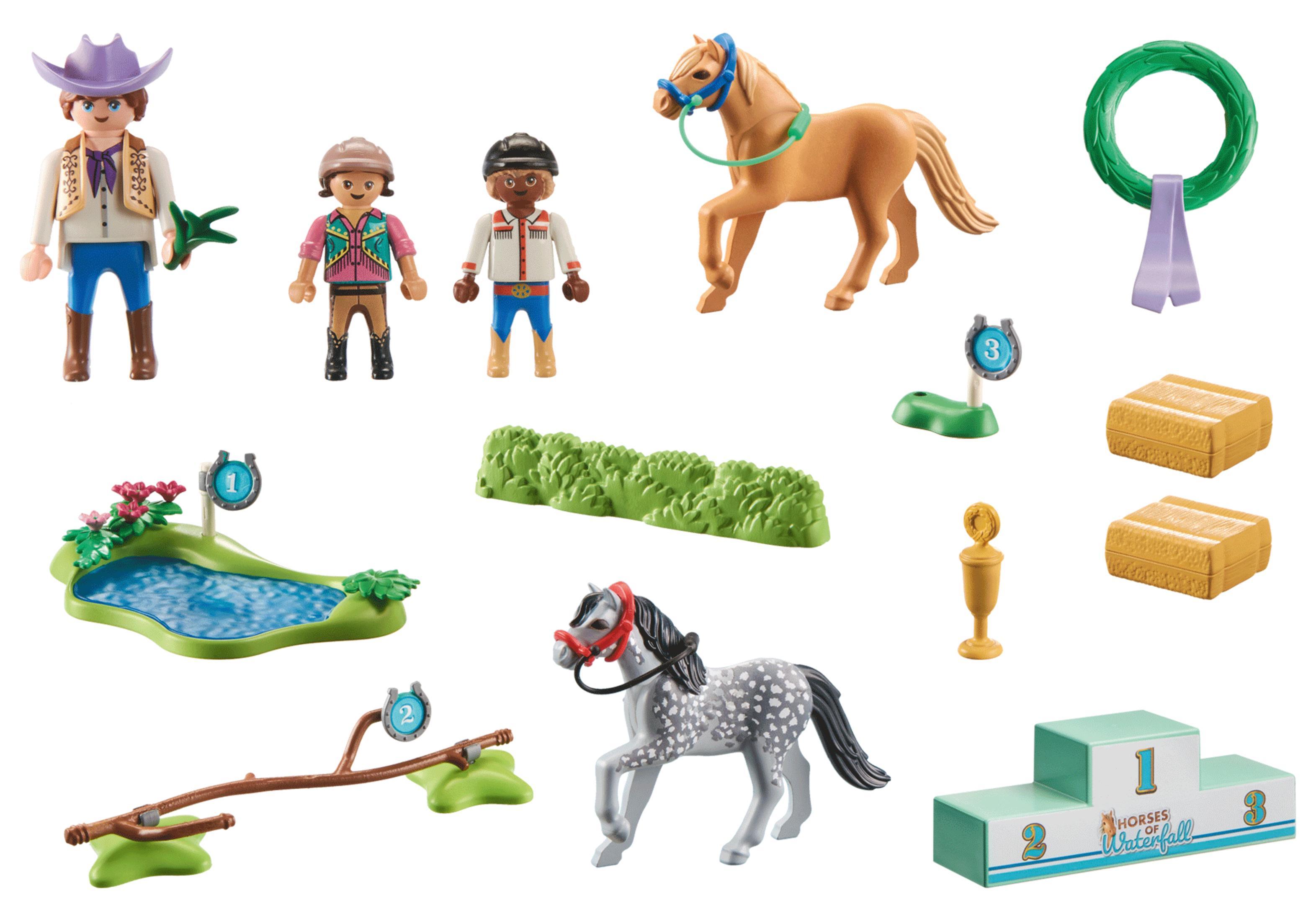 Playmobil Pferdereiter-Set mit Figuren, Pferden, Hindernissen und Zubehör auf weißem Hintergrund.
