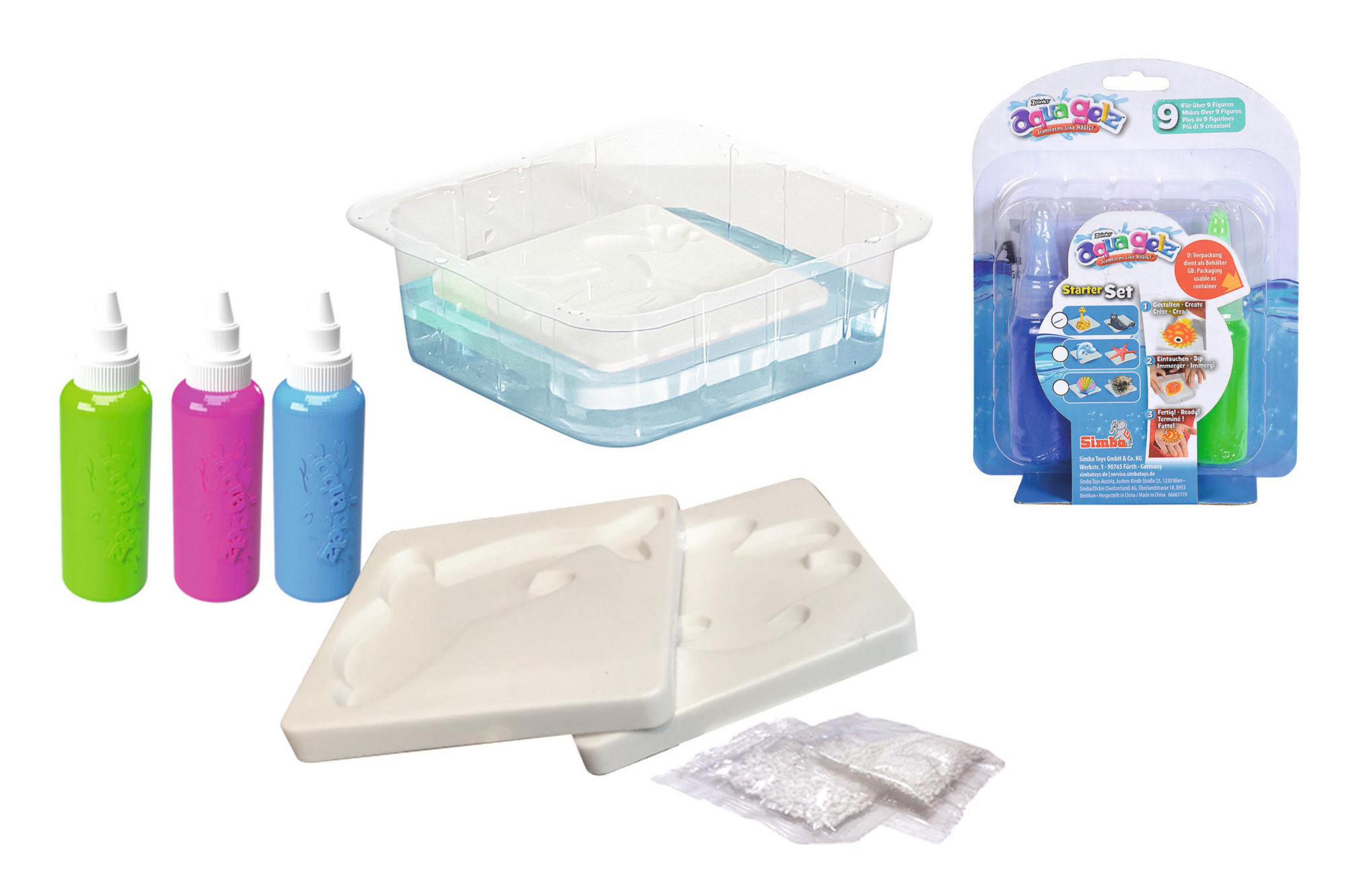 Aqua-Gel-Set mit Flaschen, Formen und einem Wasserbehälter sowie einem Starterpaket.