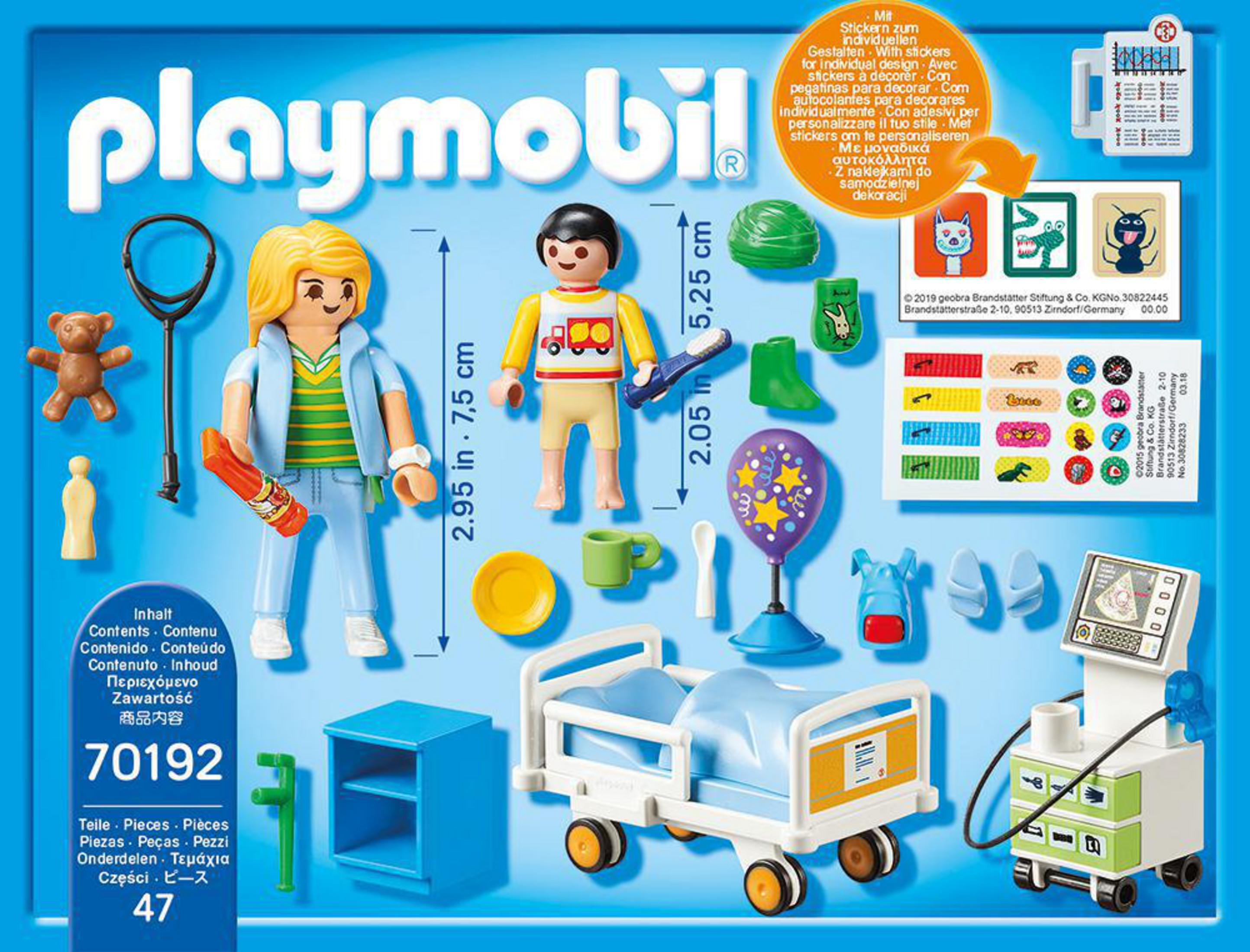 Zestaw Playmobil. Lekarz, pacjent w łóżku, sprzęt medyczny i akcesoria na opakowaniu.