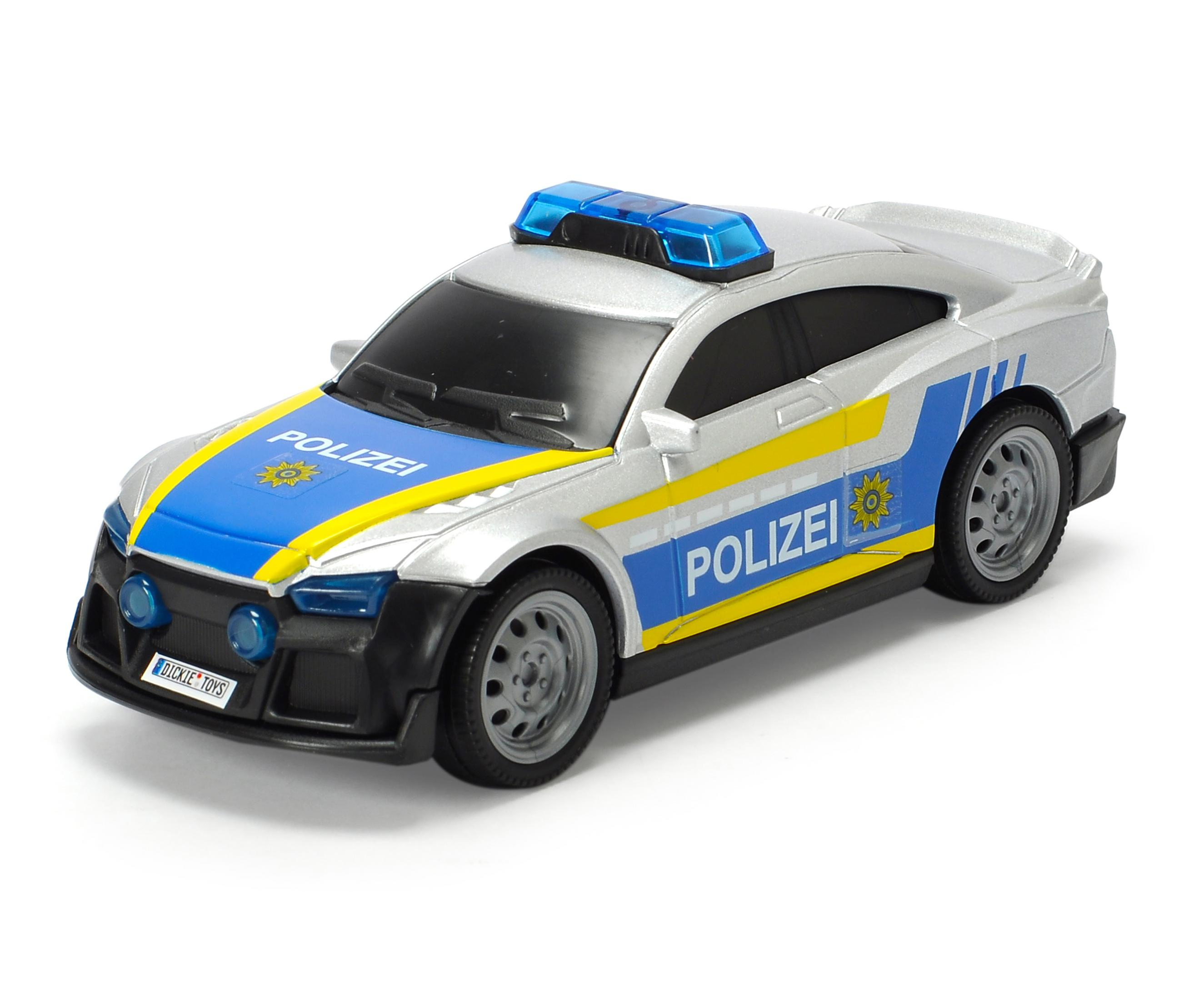 Silbernes und blaues Polizei-Spielzeugauto mit Polizei-Etikett und Blaulicht auf dem Dach, weißer Hintergrund.