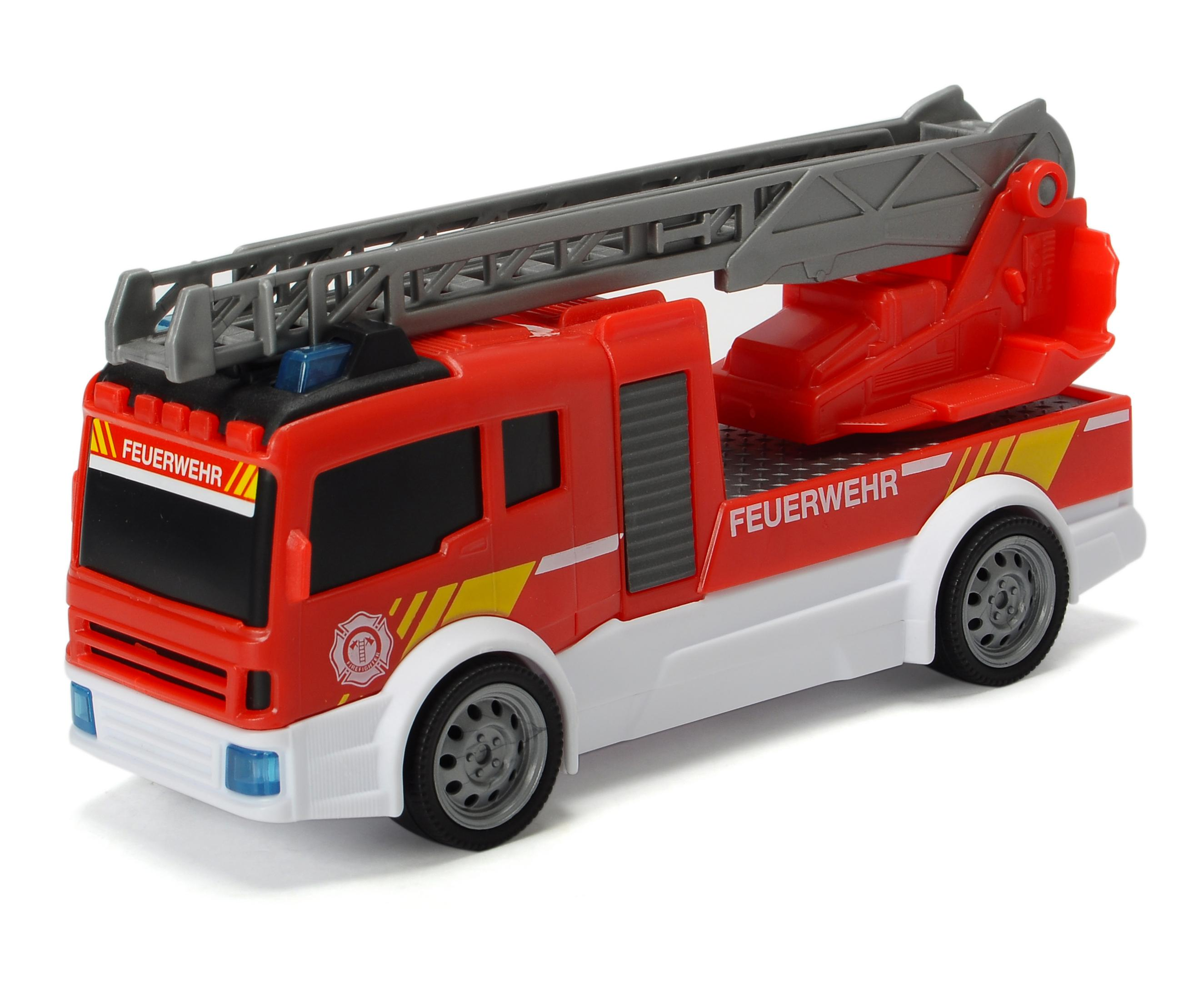 Ein rot-weißes Spielzeug-Feuerwehrauto mit grauer Leiter und blauen Lichtern, isoliert auf weißem Grund.