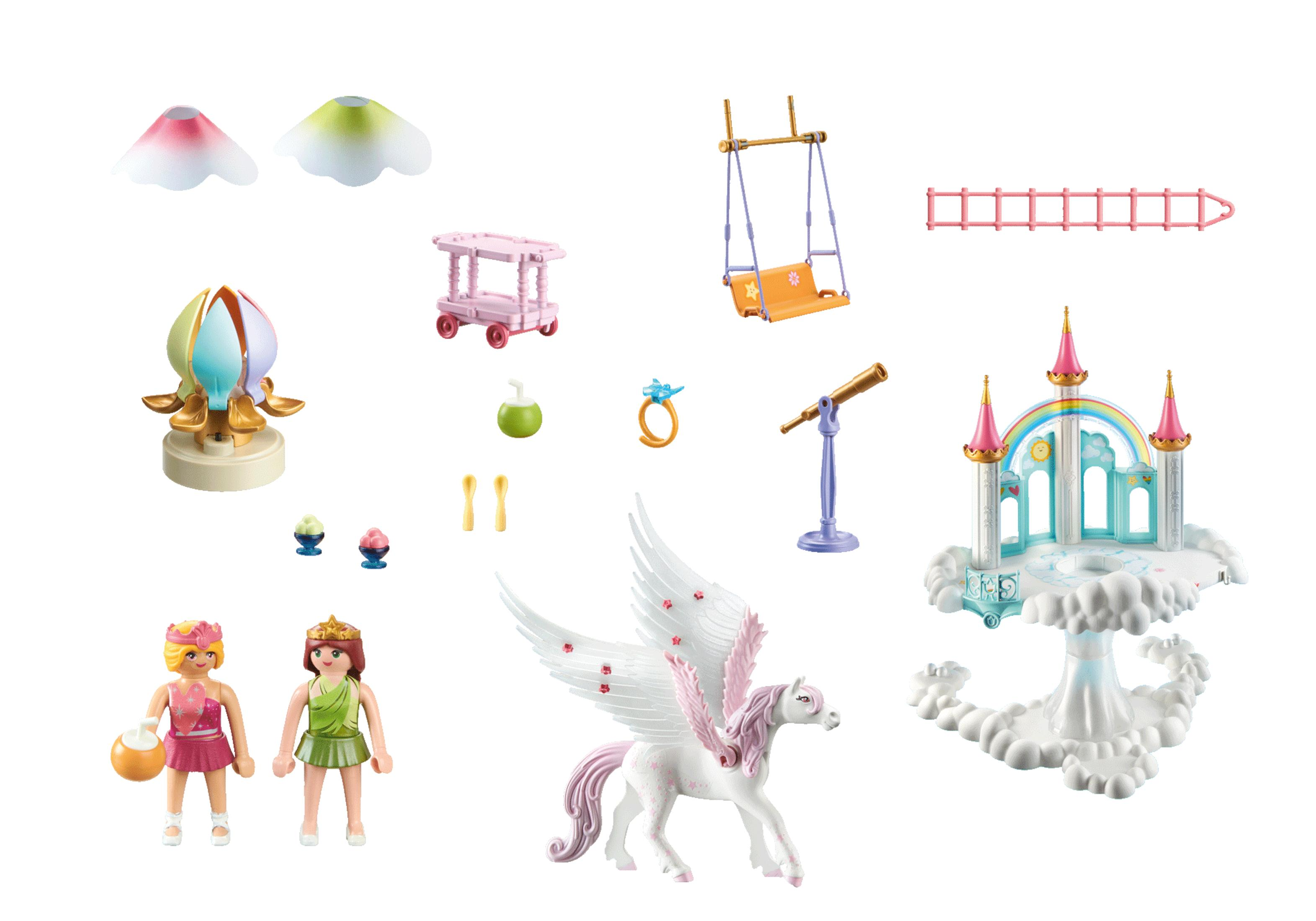 Set di giocattoli con personaggi, un pegaso, un castello e piccoli accessori.