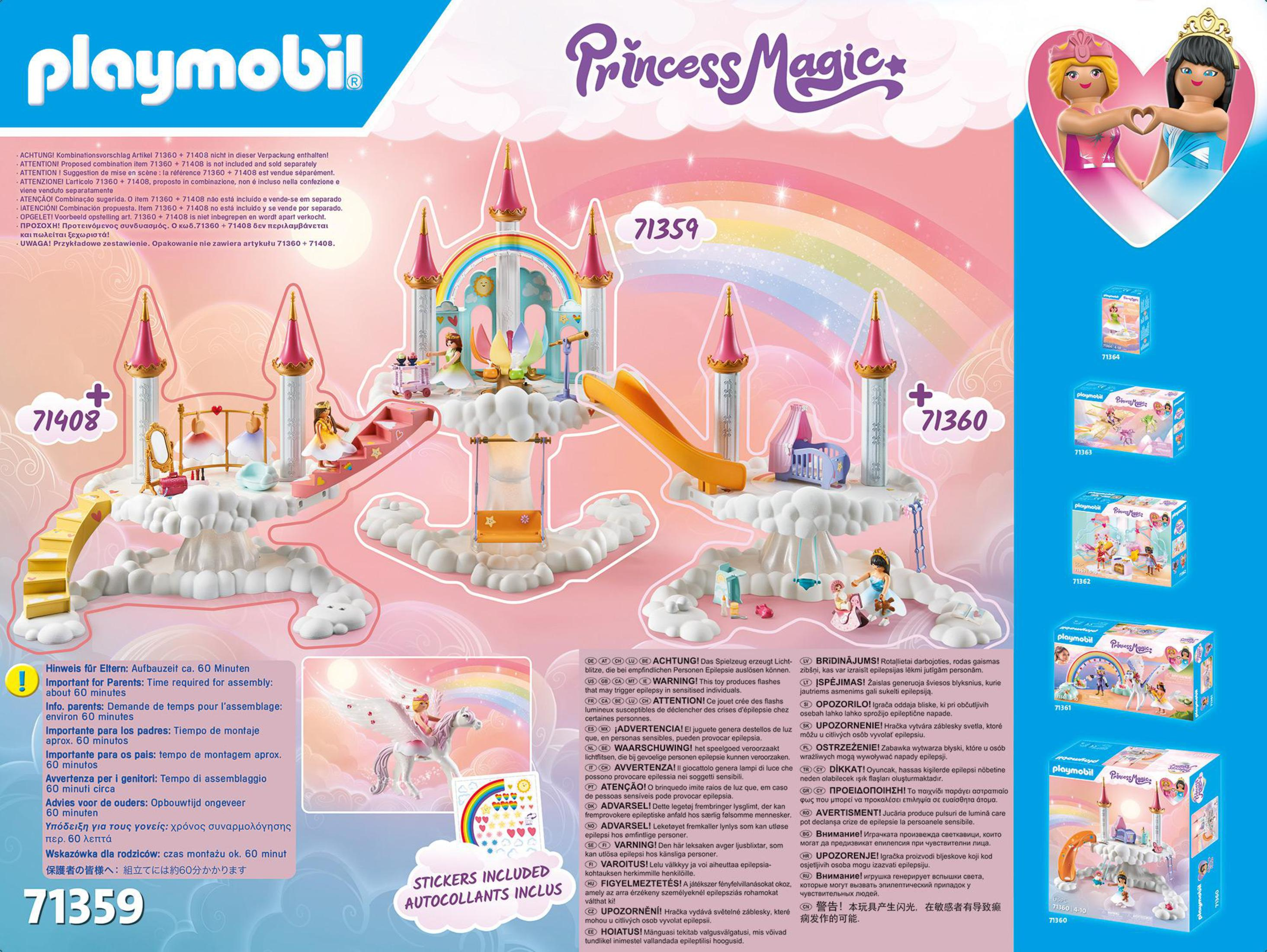 Una scatola Playmobil Princess Magic con castello, figure di principesse e un arcobaleno. La scatola contiene istruzioni e immagini.