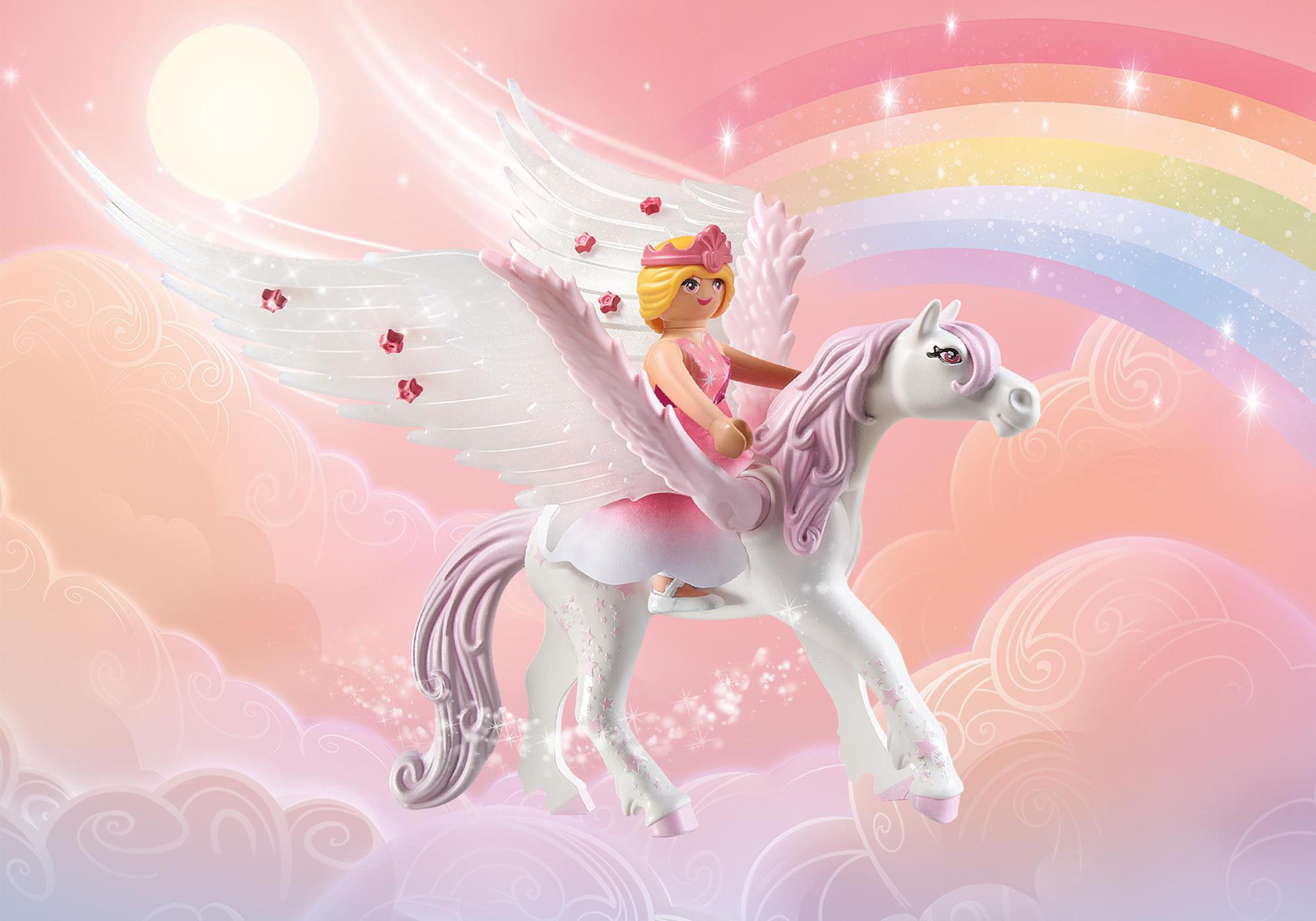 Un pegaso giocattolo con una fata che lo cavalca, arcobaleno e sole sullo sfondo.