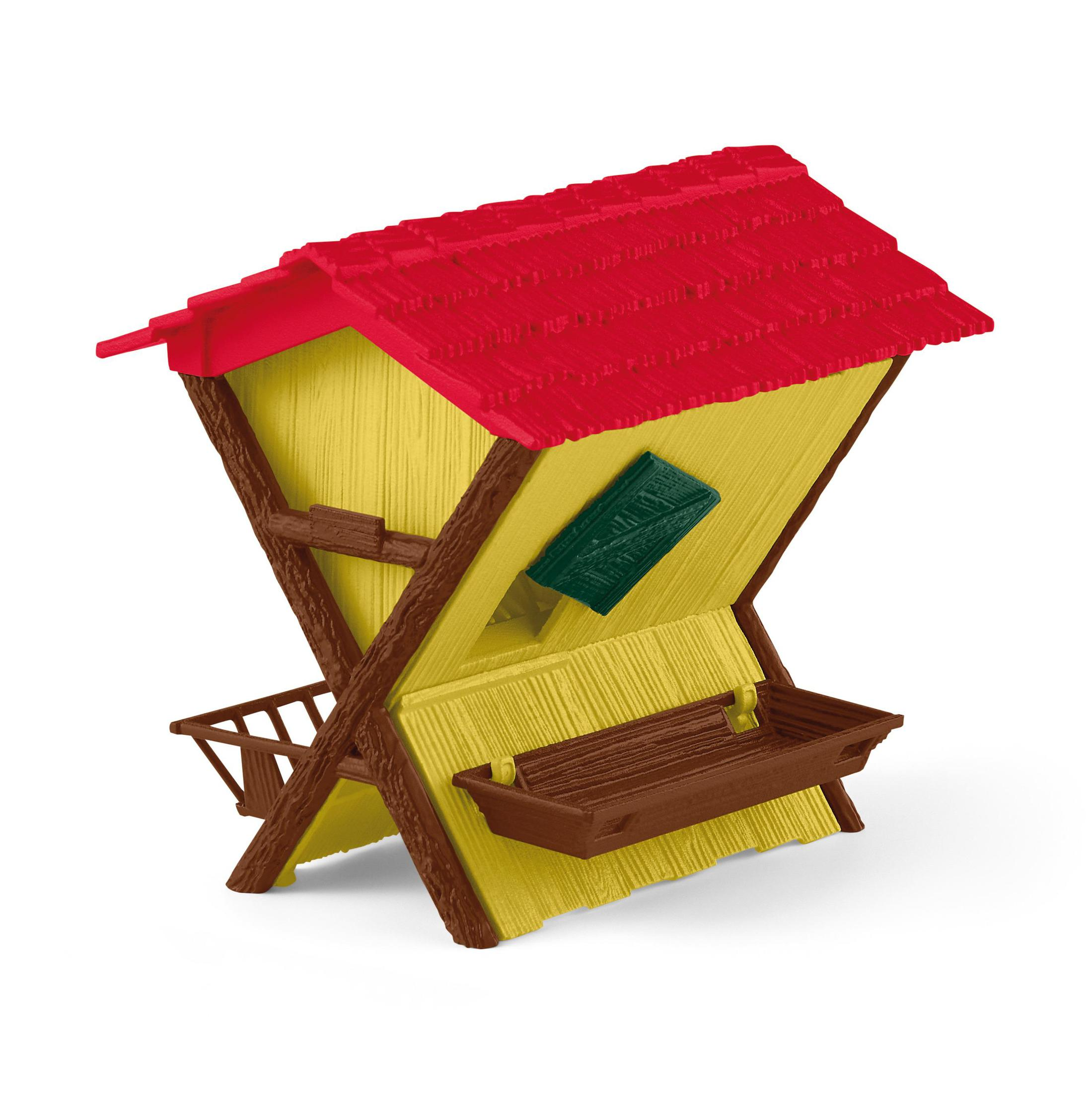 Ein gelbes Vogelhaus mit rotem Dach und brauner Futterschale.