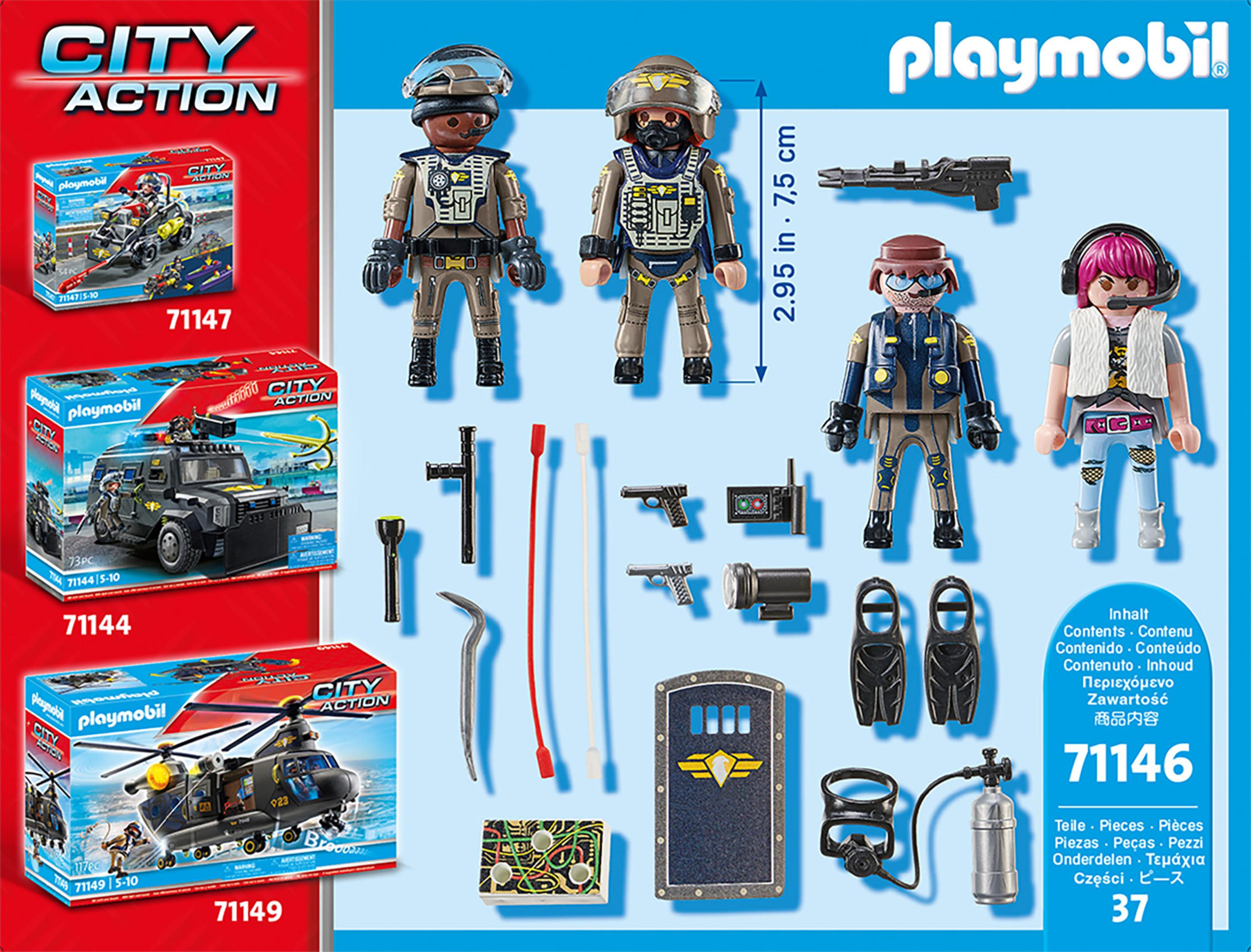 Playmobil-Set mit Spielfiguren, Waffen und Zubehör. Die Box zeigt das Playmobil-Logo.