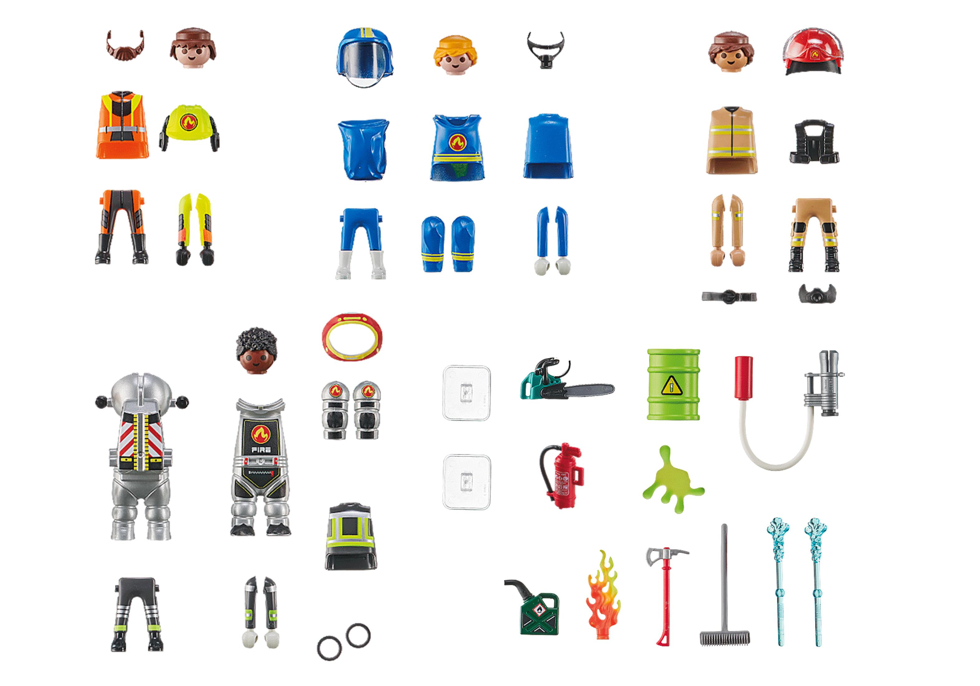 Set vigili del fuoco Playmobil con varie figure, accessori e strumenti su superficie bianca.