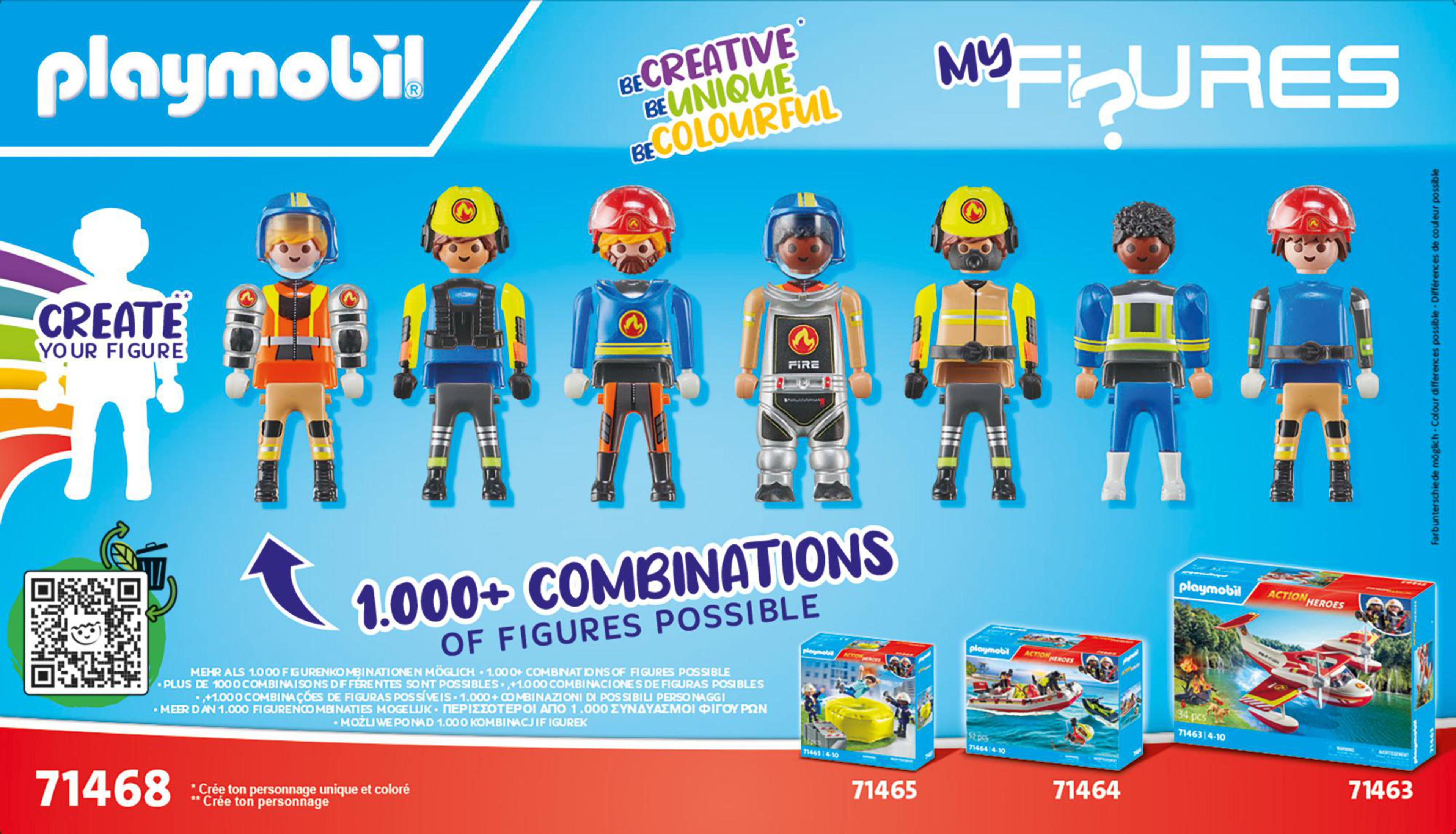Set di personaggi Playmobil. Vari personaggi con abiti diversi, con scatole di altri set sullo sfondo.