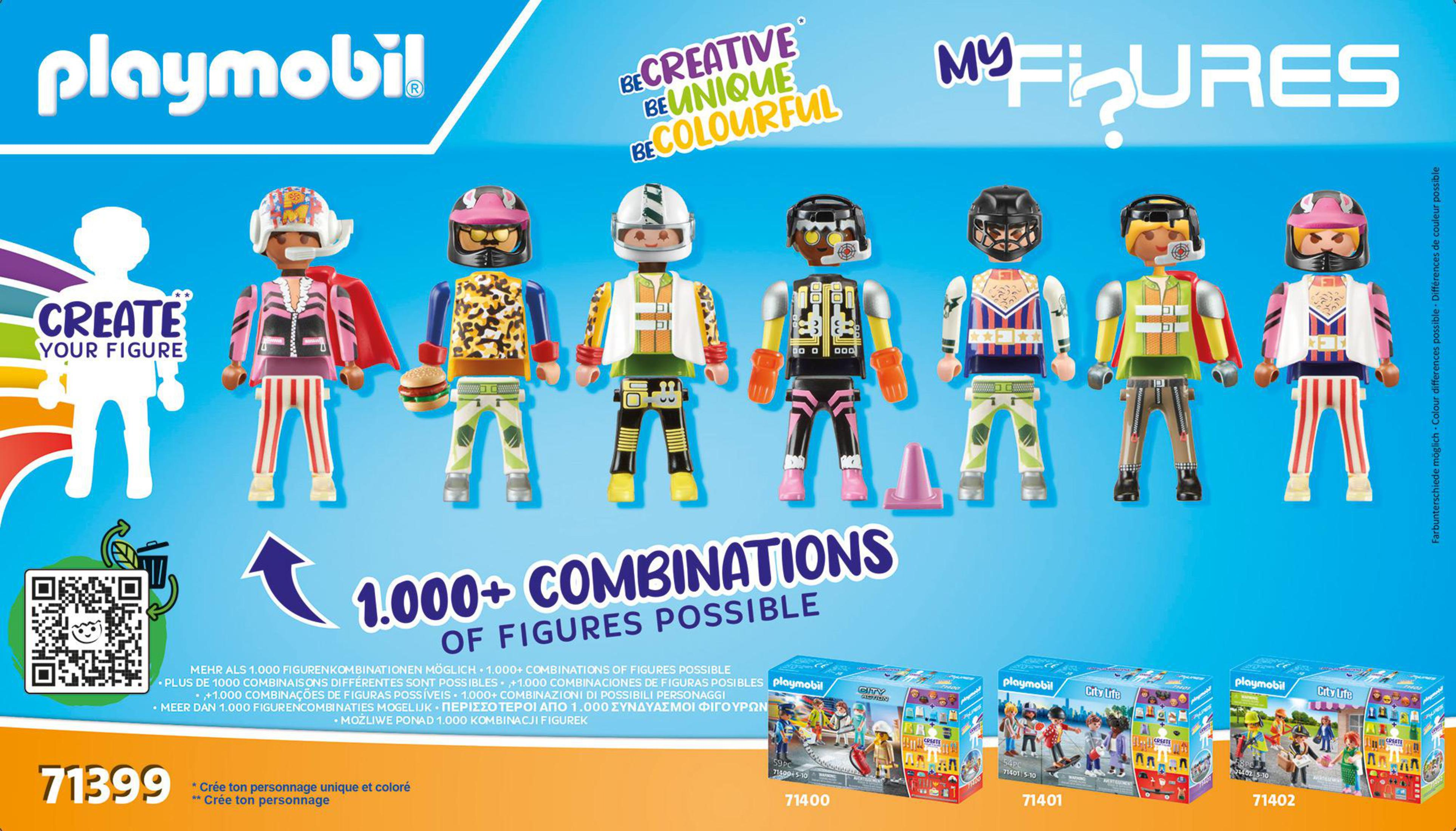 Playmobil-Figuren mit anpassbaren Elementen und Verpackung mit mehreren Figuren.