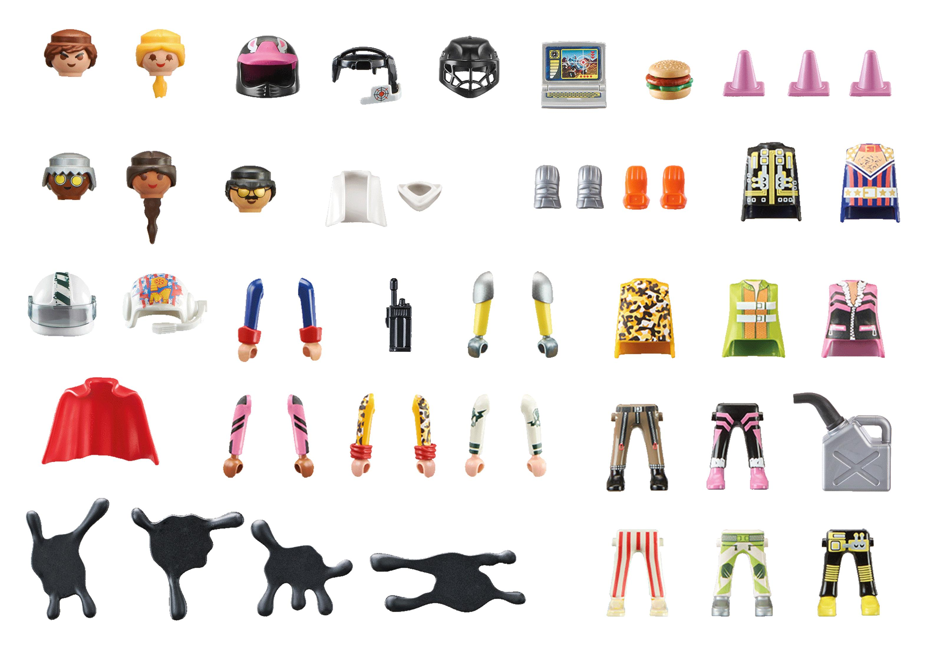 Verschiedenes Playmobil-Spielzeugzubehör und -köpfe auf weißem Hintergrund angeordnet, darunter Helme und Hüte.