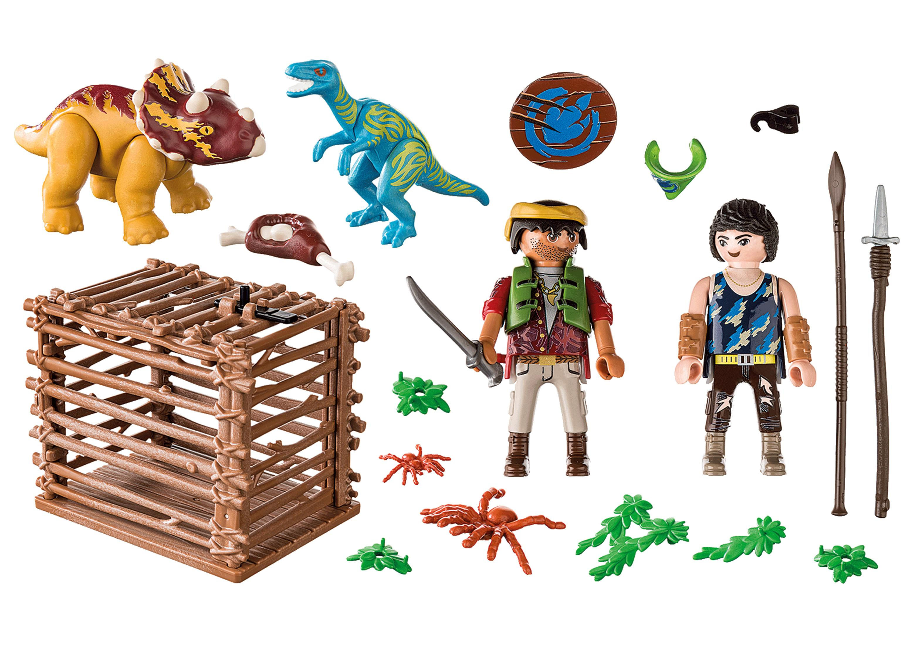 Spielzeugset mit Dinosauriern, Käfig, zwei Figuren und Zubehör.