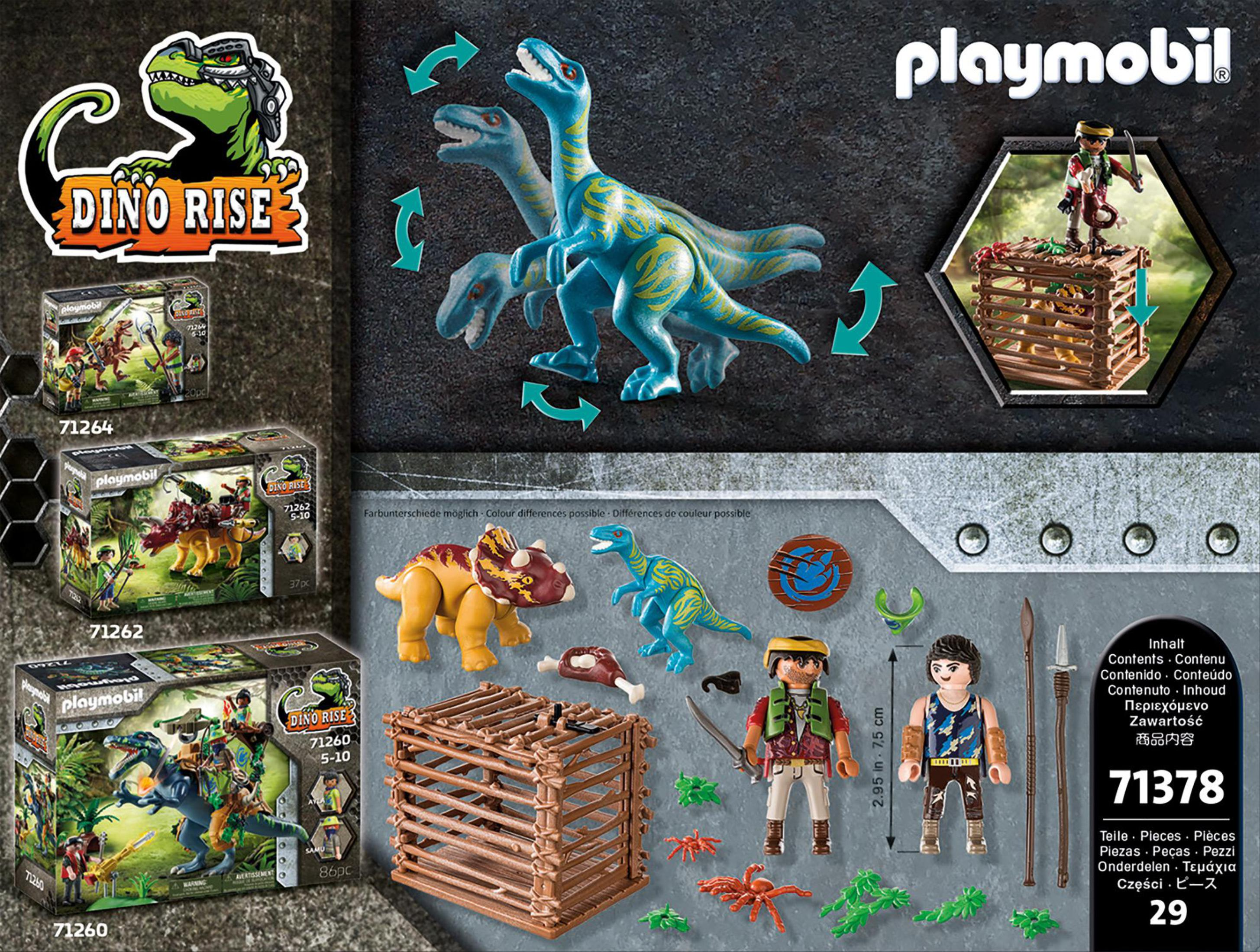 Dinosaurierspielzeug mit Käfig, Zubehör und einer Playmobil-Figur.