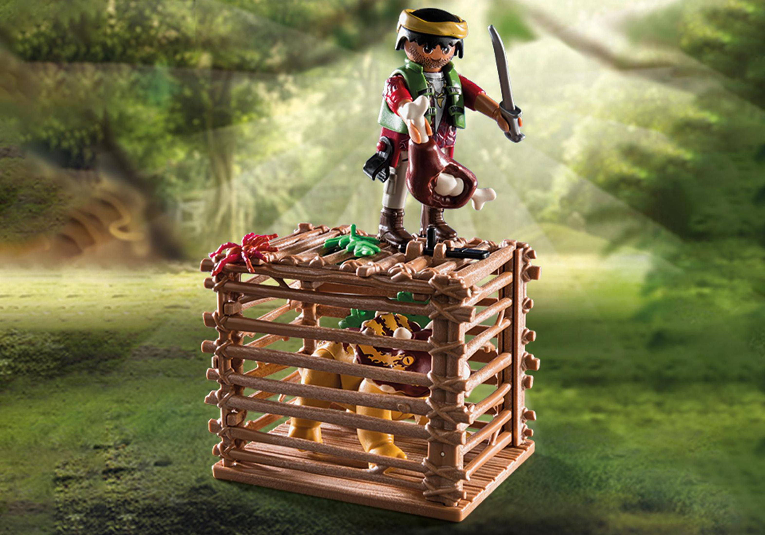Piraten-Spielfigur mit Käfig und Waldboden.