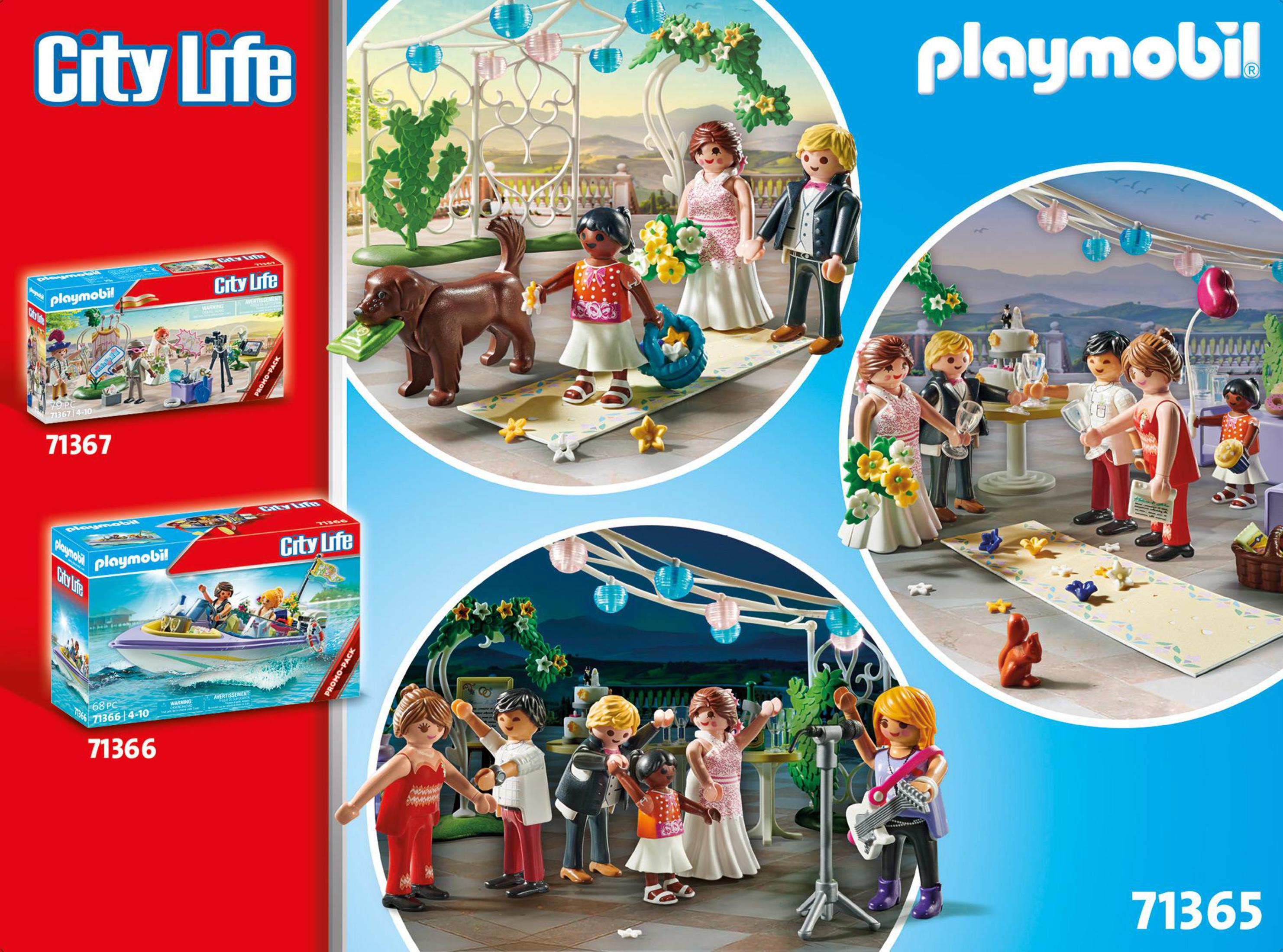 Zestaw ślubny Playmobil z różnymi figurkami. Widoczne pudełka z nazwami zestawów.