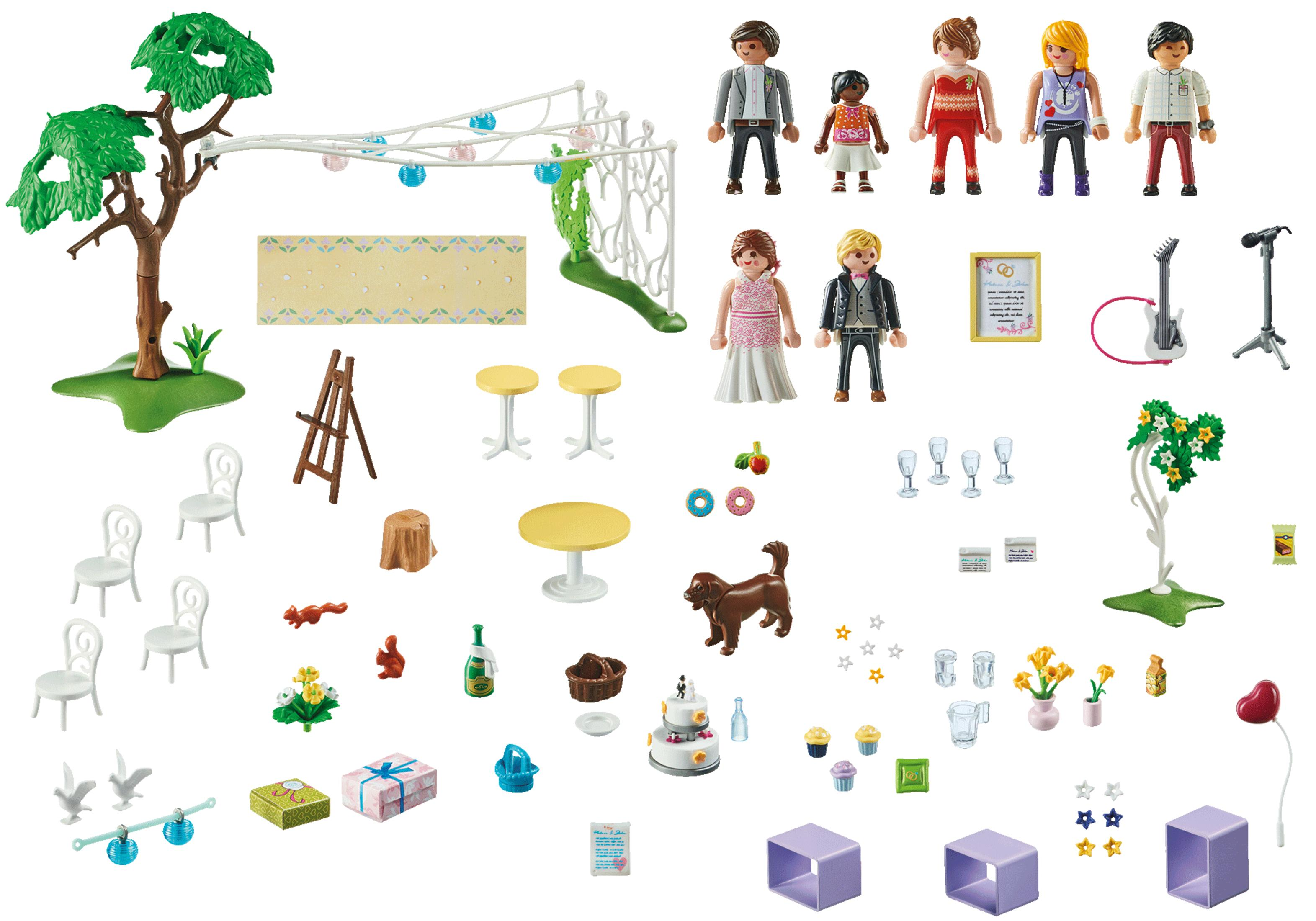 Zestaw ślubny Playmobil z figurkami, dekoracjami i tortem weselnym na białym tle.