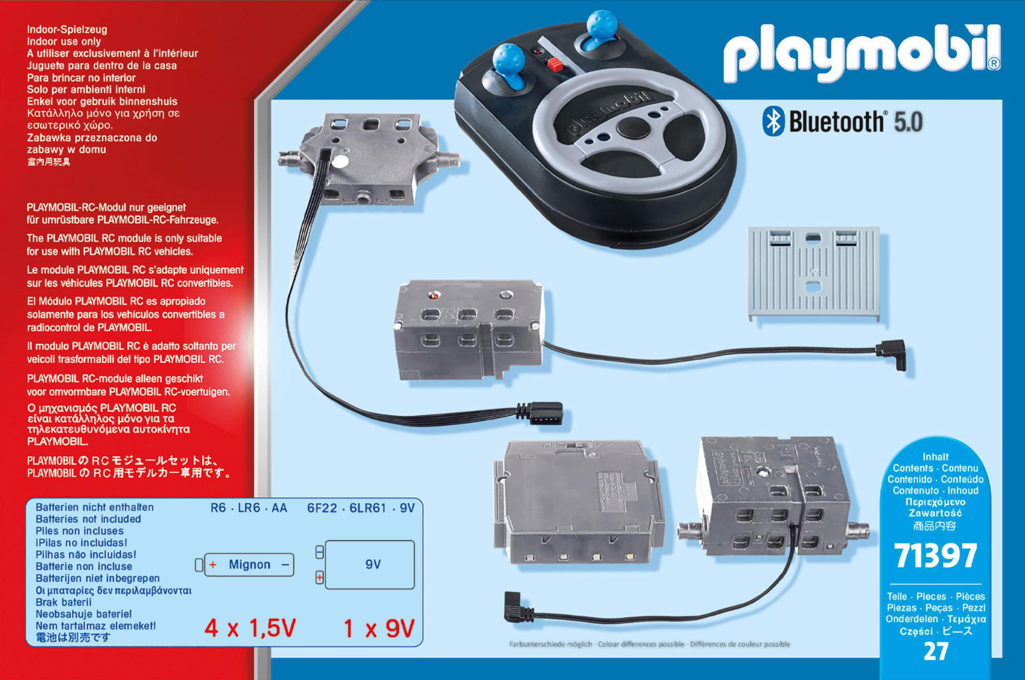Playmobil Bluetooth Modul Box und Komponenten, mit Text in mehreren Sprachen.