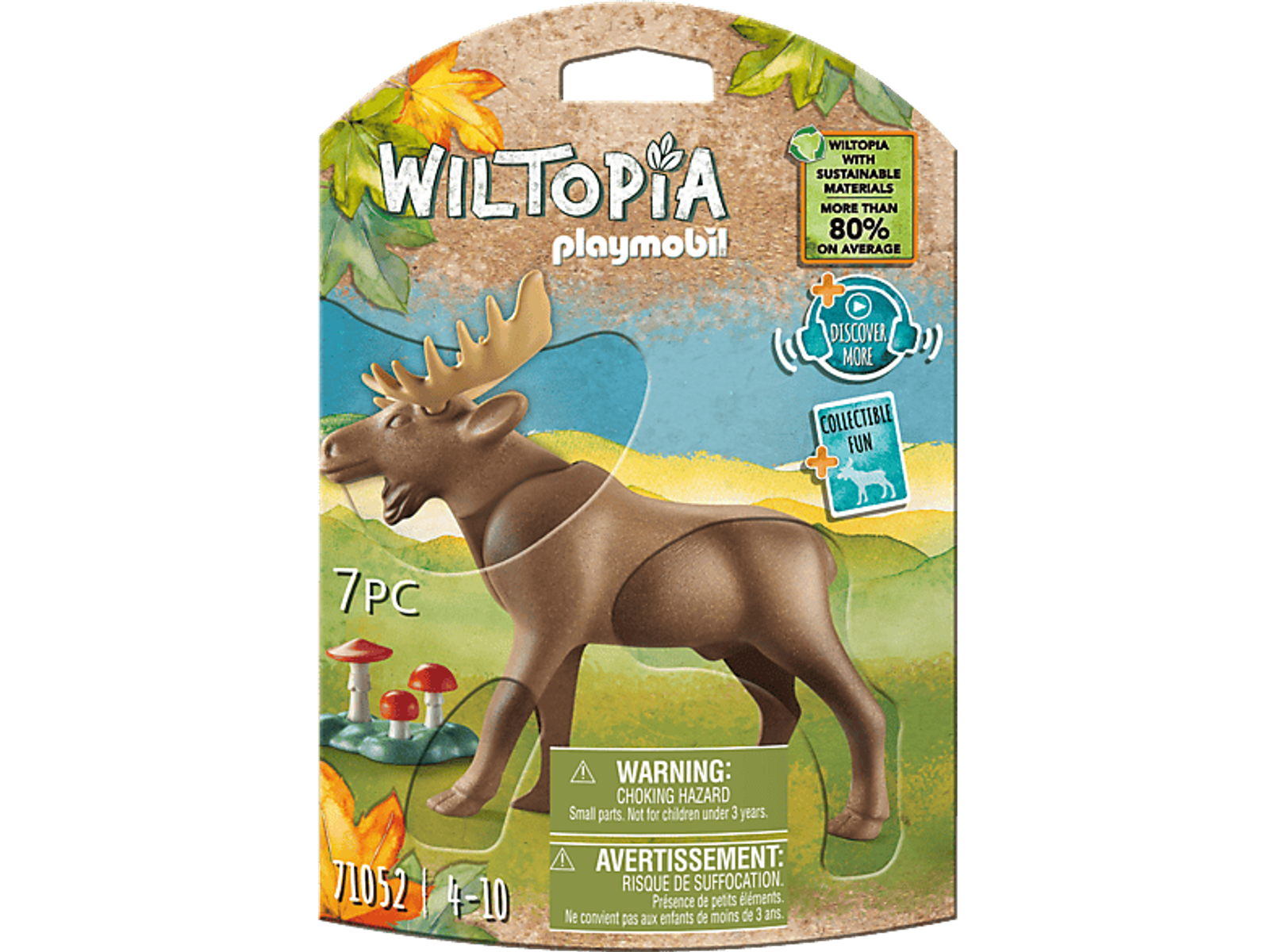 Eine Playmobil-Box zeigt ein Elch-Spielzeug. Die Box hat den Text 'Wiltopia' und 'Collectible Fun'.