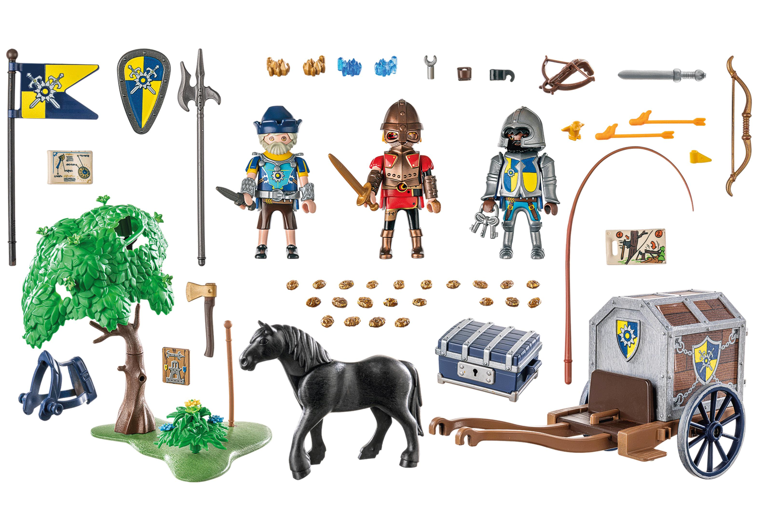 Playmobil-Rittersatz mit Figuren, Pferd, Zubehör und einer Schatzkiste. Weißer Hintergrund, gut beleuchtet.