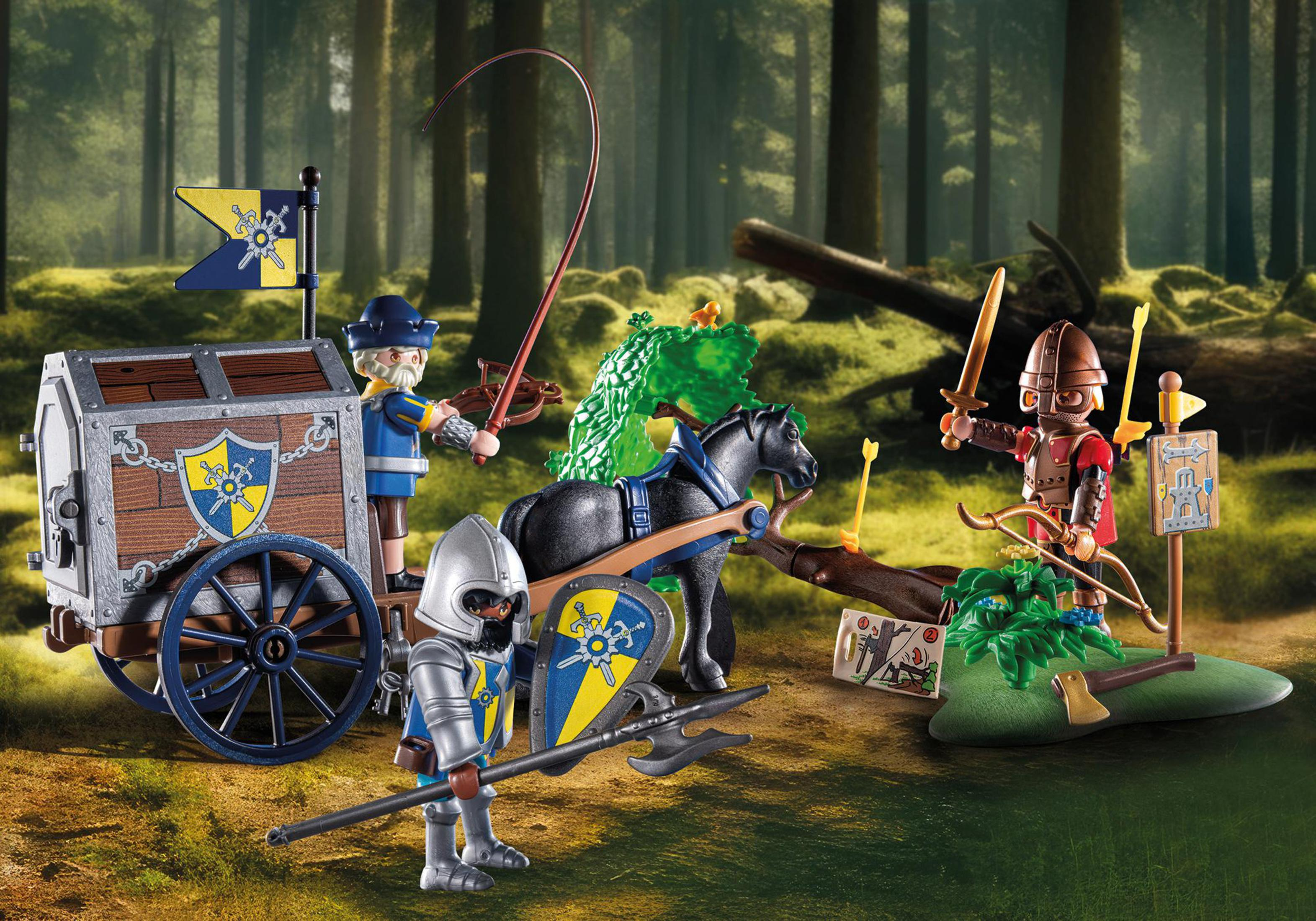 Playmobil-Mittelalterszene mit Rittern, einem Wagen und Waldboden.